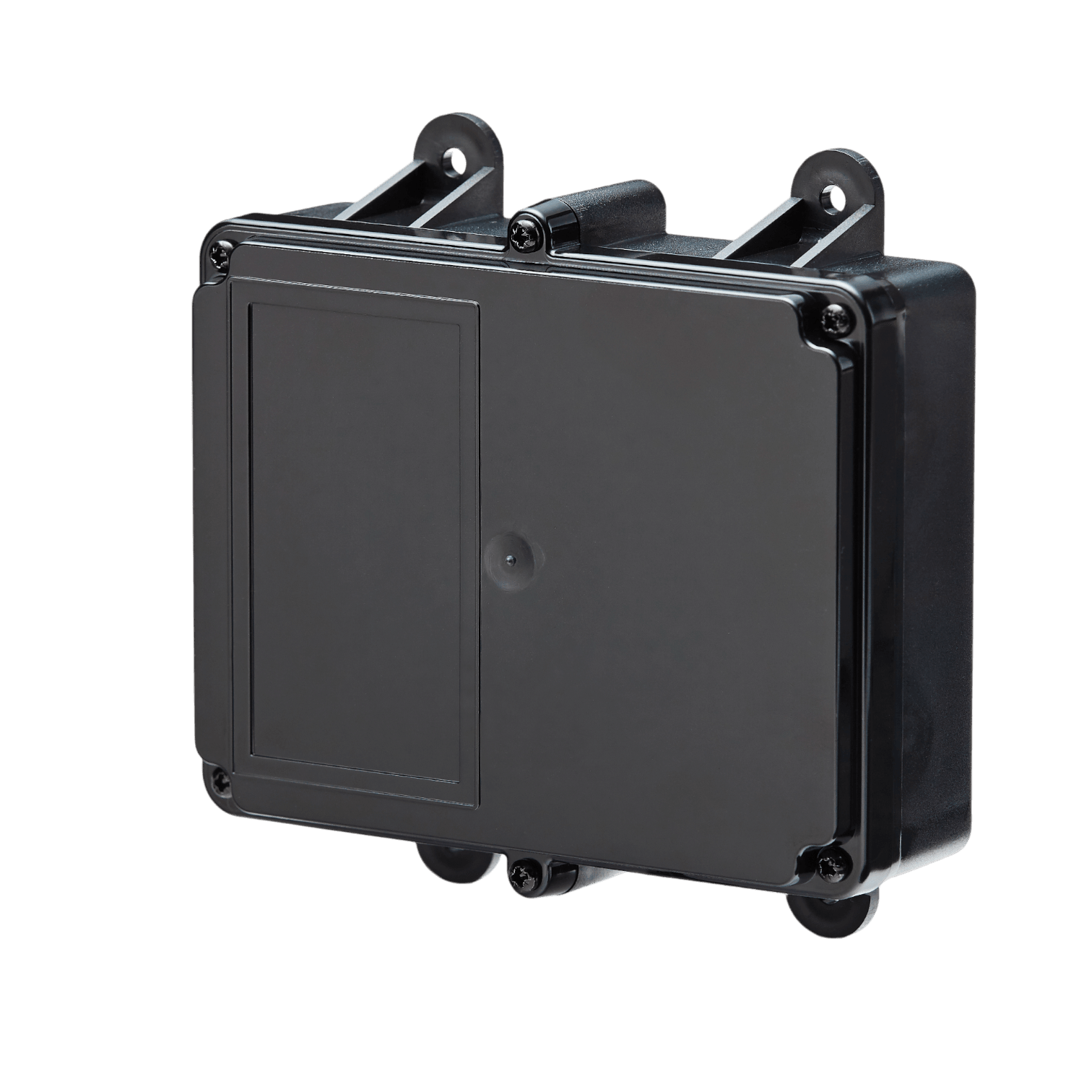 A black, rectangular junction box featuring a hinged lid and wall-mount brackets, designed to house components of the 2 Function Lodar Replacement Relay Receiver by Lodar LTD, and is weatherproof.