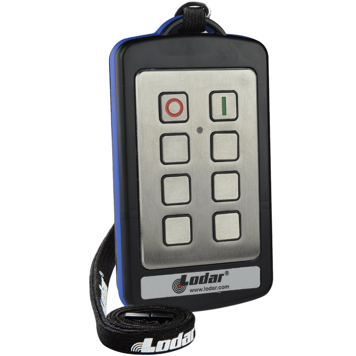 Introducing the Lodar LTD 6 Function Lodar Replacement Stainless Steel IP Transmitter from their 92 Series. Equipped with a strap, it features six buttons and boasts an IP 65 rating for protection. The transmitter includes red and green circular buttons labeled O and I, ensuring durability and user-friendliness.