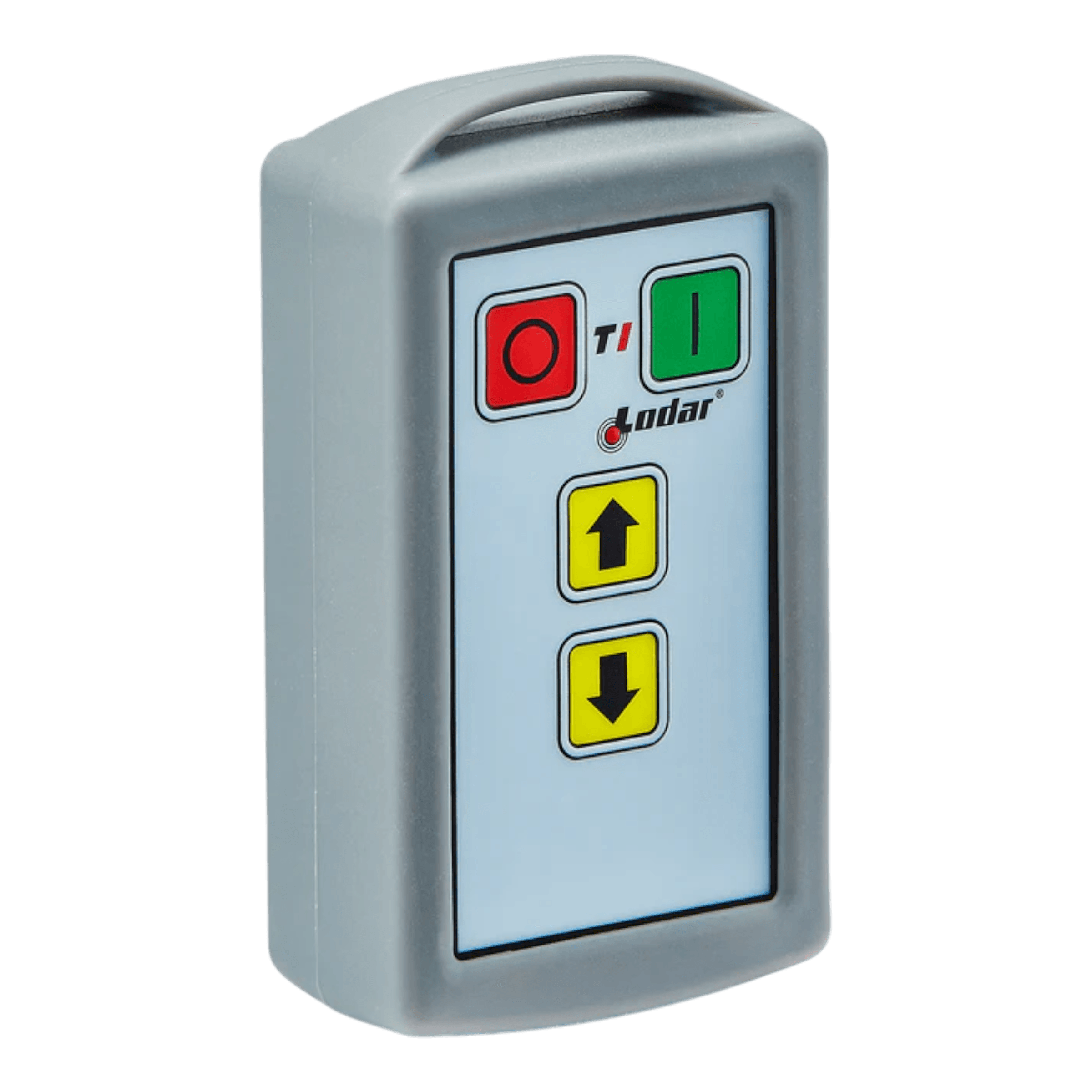The 2 Function Lodar Replacement Standard Transmitter from Lodar LTD boasts a sleek design with red and green buttons, yellow arrows for intuitive navigation, and a stylish logo. This remote control is specifically designed to be compatible with 11 Series systems, making it an ideal replacement transmitter for seamless operation.