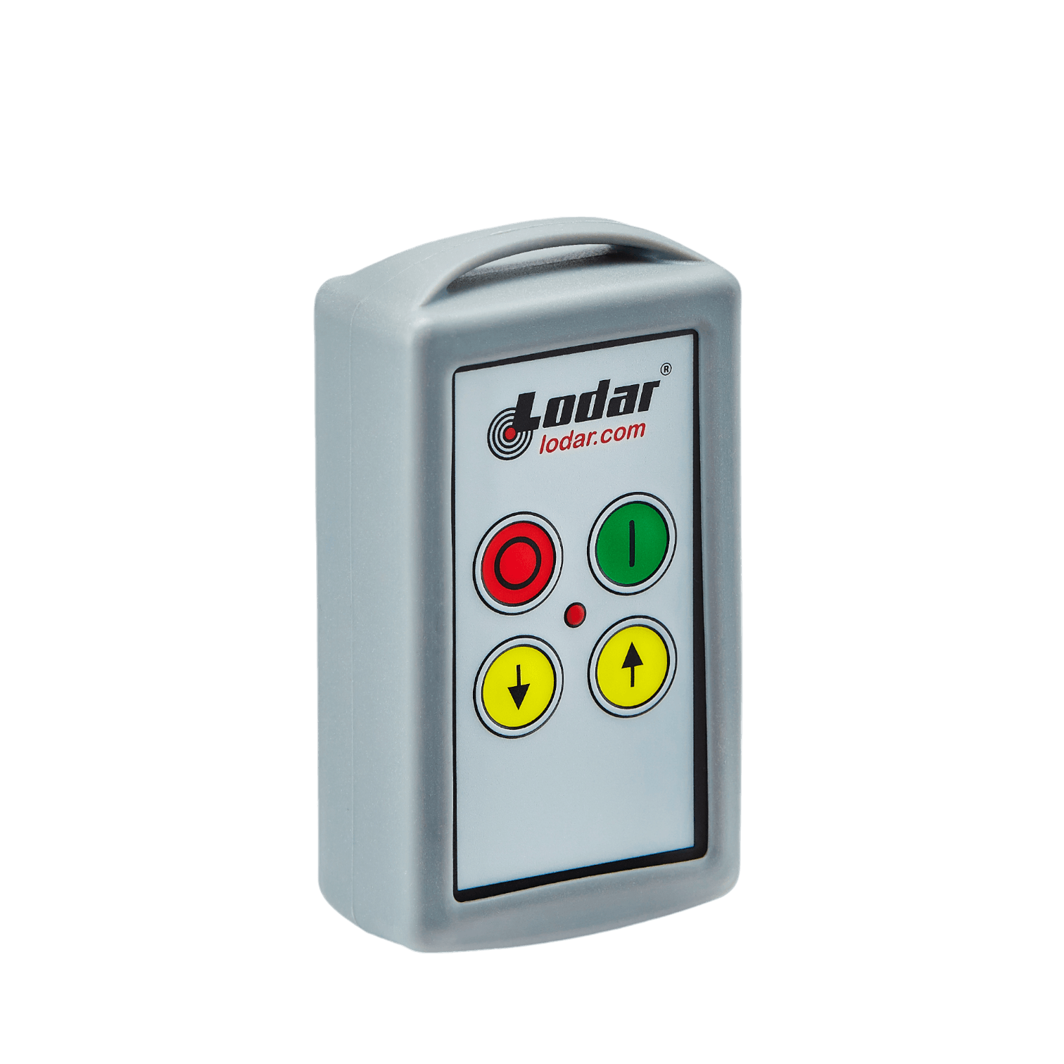 The gray remote control from Lodar LTD, featuring their branding on top, includes four colored buttons: red, green up, yellow down, and black. It is compatible with the 2 Function Lodar Replacement Standard Transmitter from the 9000 Series.