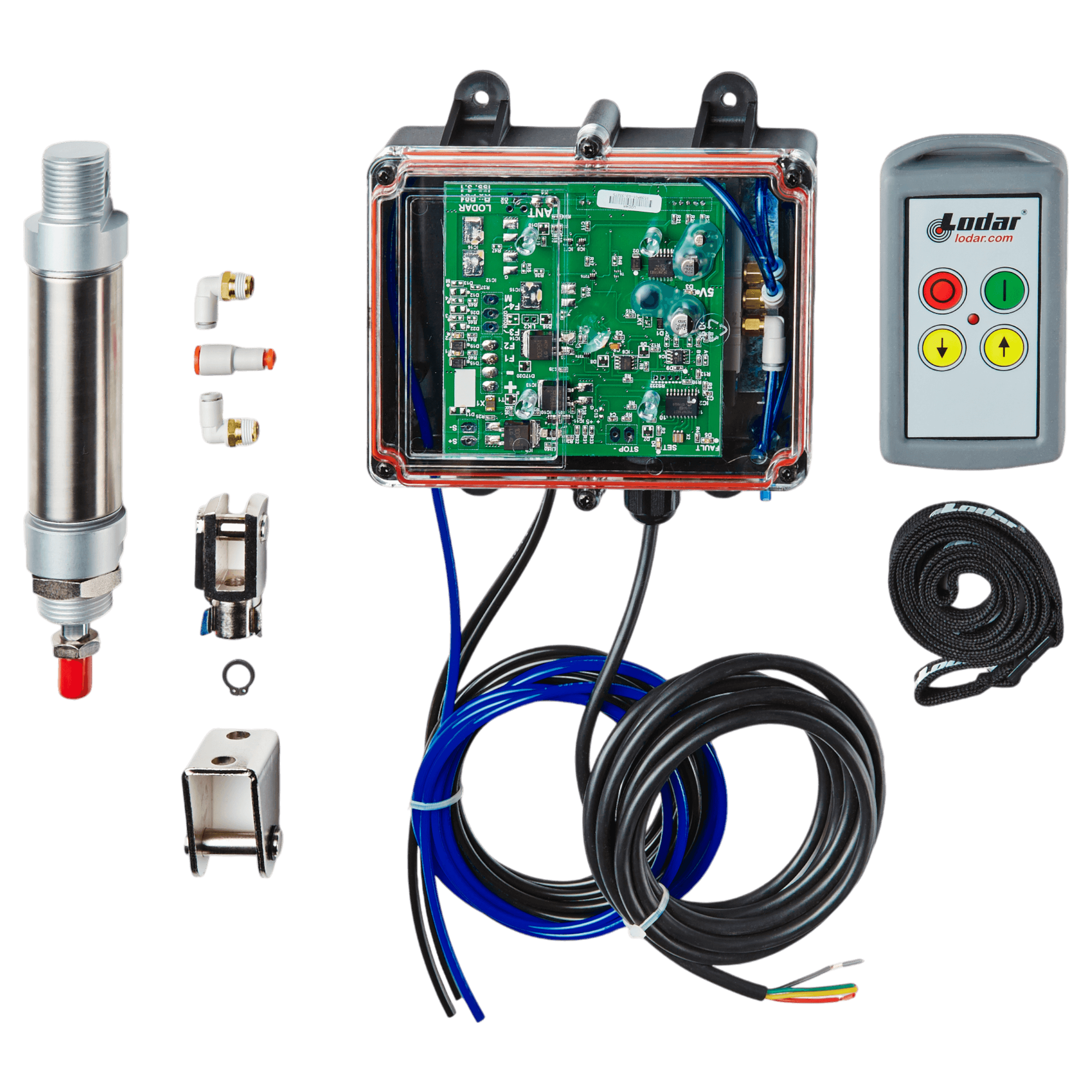 Introducing the 2 Function Standard Wireless Actuator Control System by Lodar LTD, part of the 92 Series with FET Air Receiver. This advanced electronic system includes a circuit board, sensors, and wiring, efficiently paired with a wireless air actuator to ensure seamless compatibility with your air compressor. The sophisticated remote control is elegantly showcased against a sleek black background.