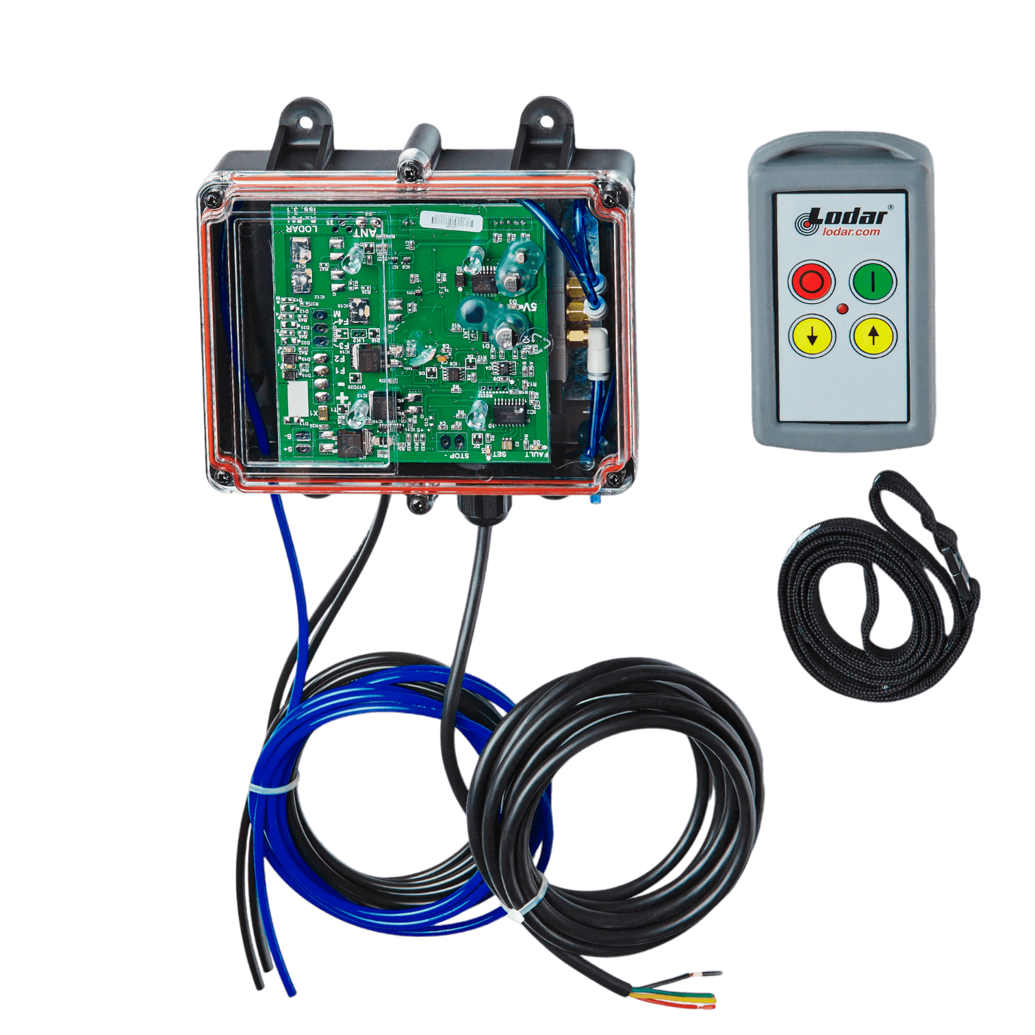 Introducing the Lodar LTD 2 Function Standard Wireless Actuator Control System from the 92 Series, shown against a black background. This system features an electronic circuit board with cables, accompanied by a remote control and a convenient strap. It includes a Lodar-specific FET air receiver and is compatible with any standard transmitter for seamless operation. Note: No actuators are included in this package.
