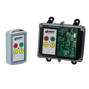 The 2 Function Standard Wireless Control System, part of the 92 Series by Lodar LTD, includes a remote control and an FET Keypad Receiver with an electronic circuit board featuring buttons for up, down, and stop. This setup is perfect for stabilization applications, offering precision and ease of use.