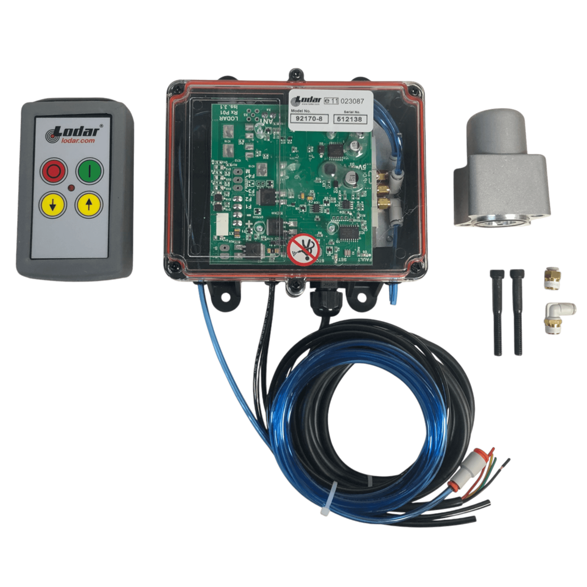 PIERCE 2 Function Direct Mount Wireless Air System for Miller (Gresen Valves) includes remote, circuit board, wires, motor, and mounting hardware—compatible with select Miller wreckers and shown on a white background.