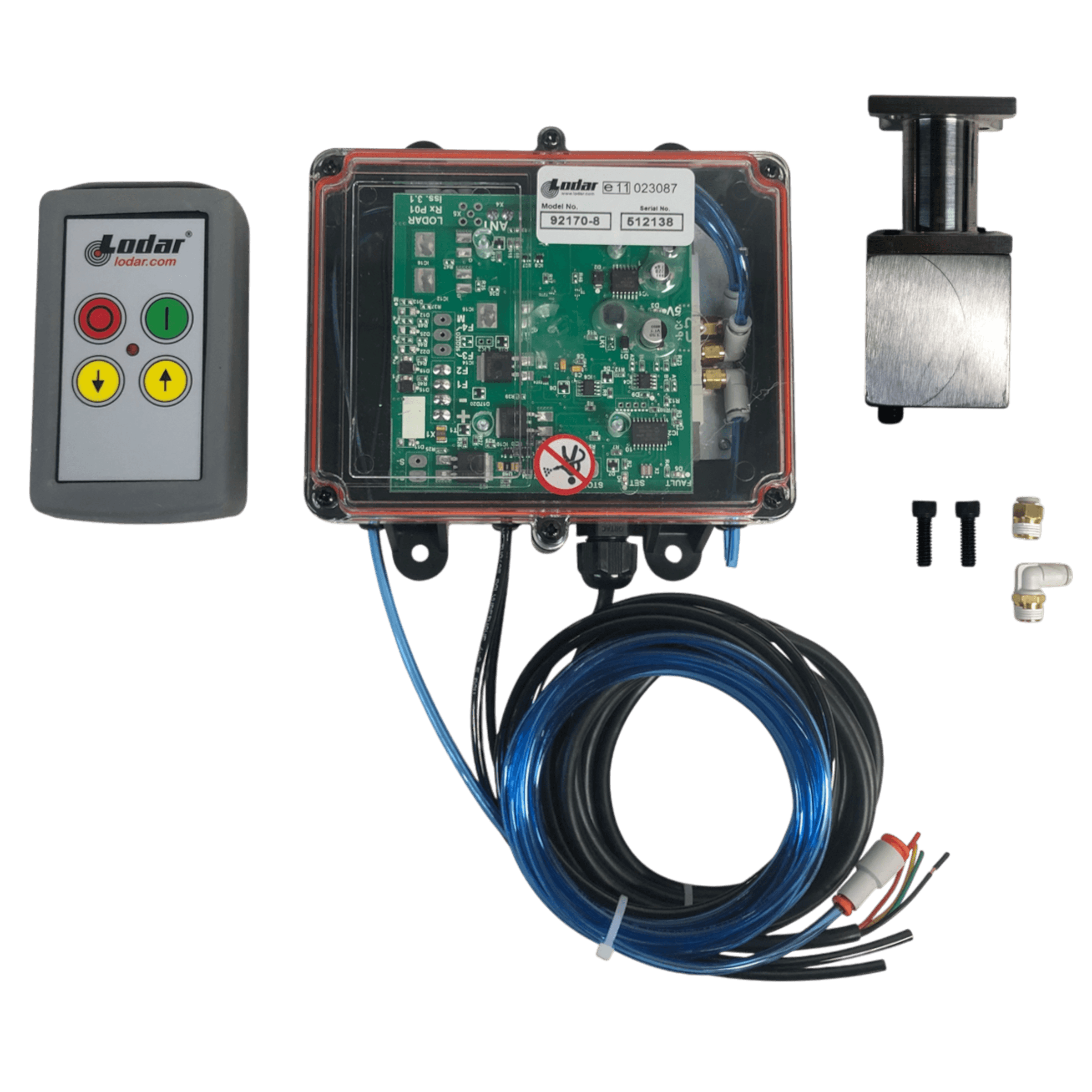 The PIERCE 2 Function Direct Mount Wireless Air System for Jerr-Dan (Husco Valves) includes a control unit, circuit board, wires, remote control, and hardware—perfect for integrating wireless control—shown on a white background.