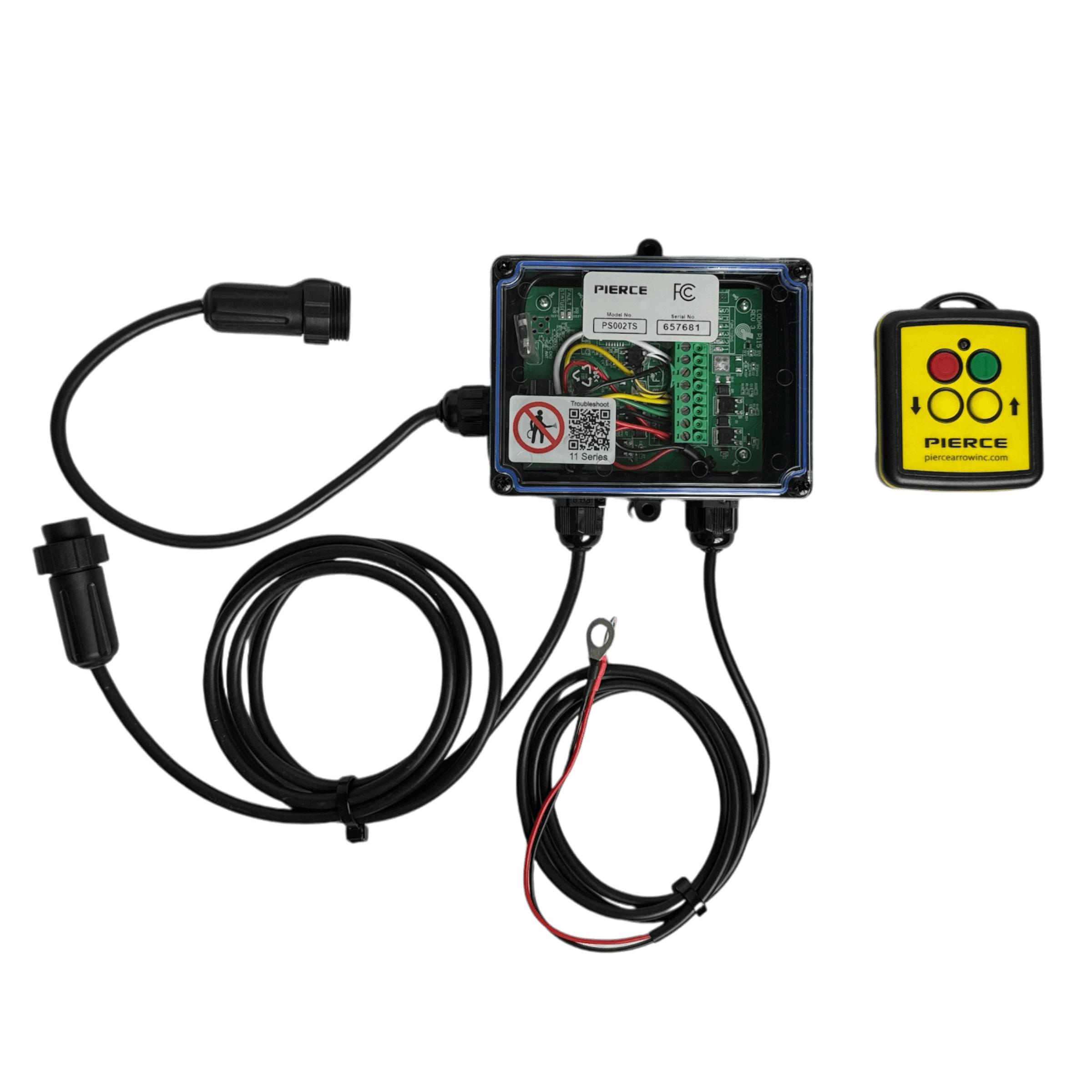 The PIERCE 2 Function Wireless Control System for Dump Trailer includes electronic components and wires, a control box, and a compact yellow remote with buttons, making it ideal for managing wireless systems on dump trailers.