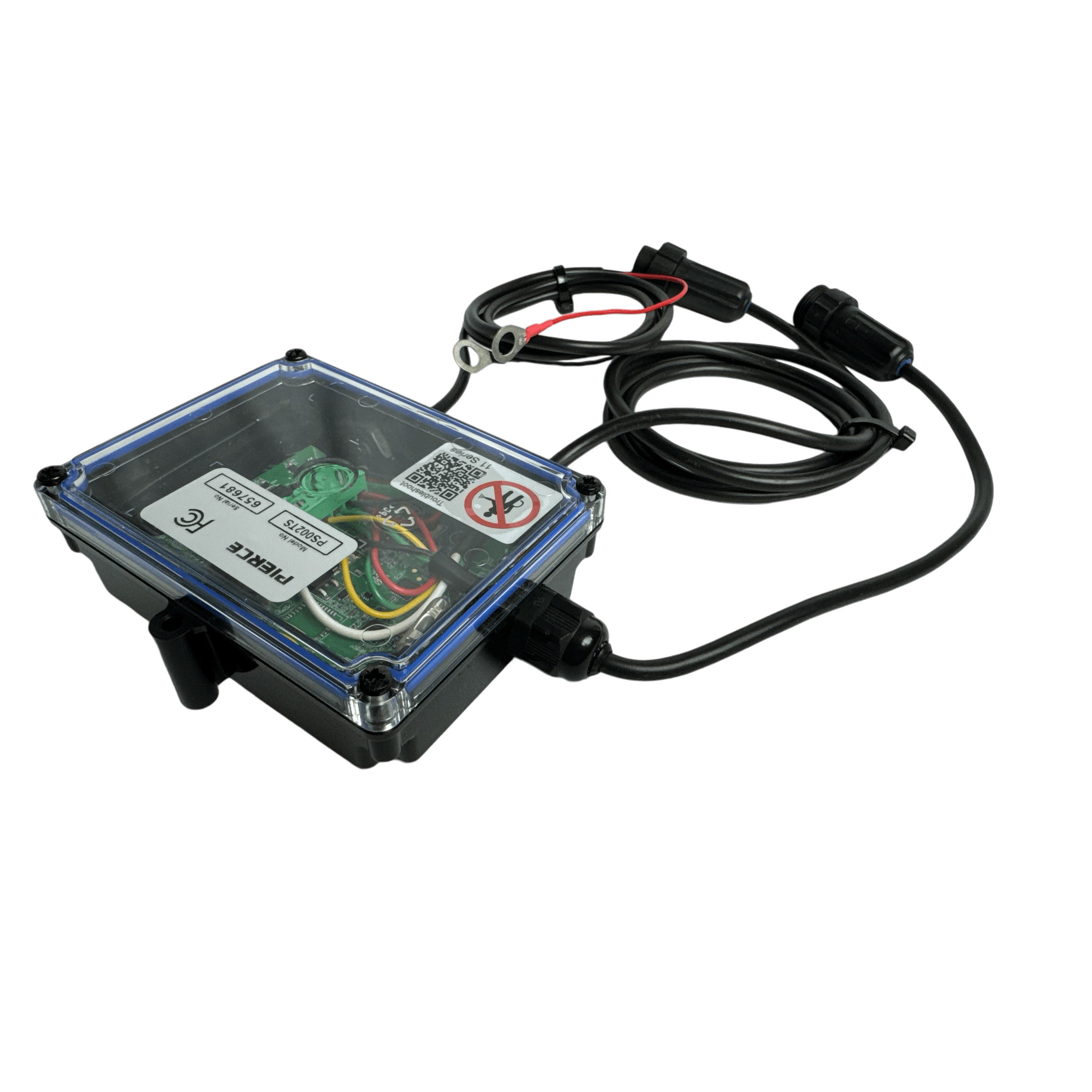 The 2 Function Wireless Control System for Dump Trailer by PIERCE is a transparent electronic device that reveals its internal components, including cables and connectors, against a sleek black background.