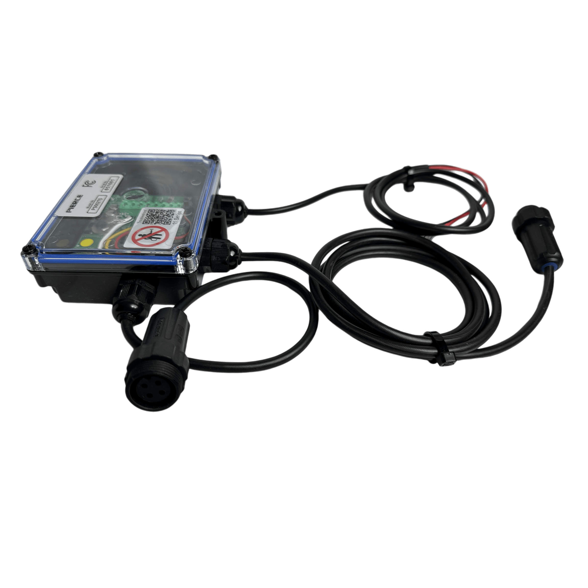 A PIERCE 2 Function Wireless Control System for Dump Trailer, featuring multiple connectors and wires, sits against a black background, seamlessly integrating into a wireless system.