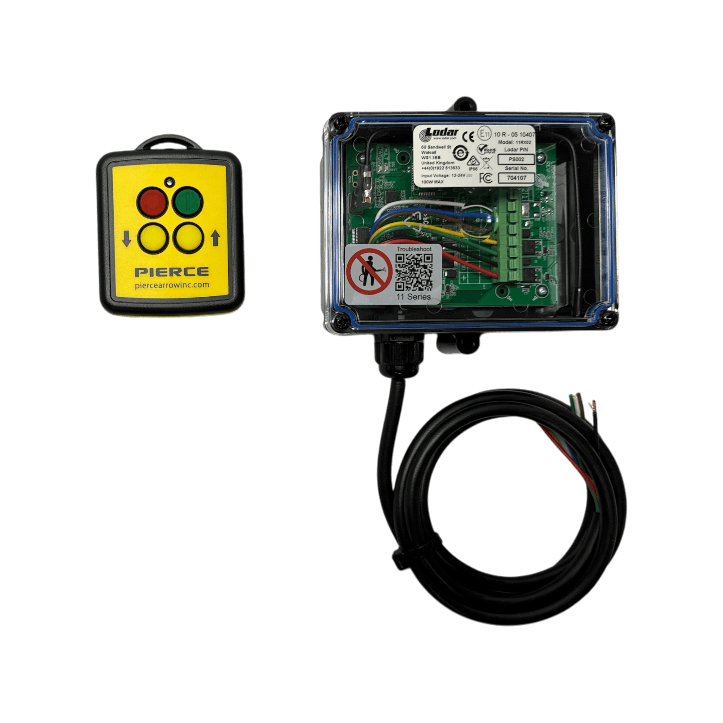A PIERCE 2 Function Wireless Remote Control System, consisting of an electronic circuit board with cables enclosed in a clear box, is accompanied by a yellow wireless remote control that features red, green, and yellow buttons and operates at 433 MHz.