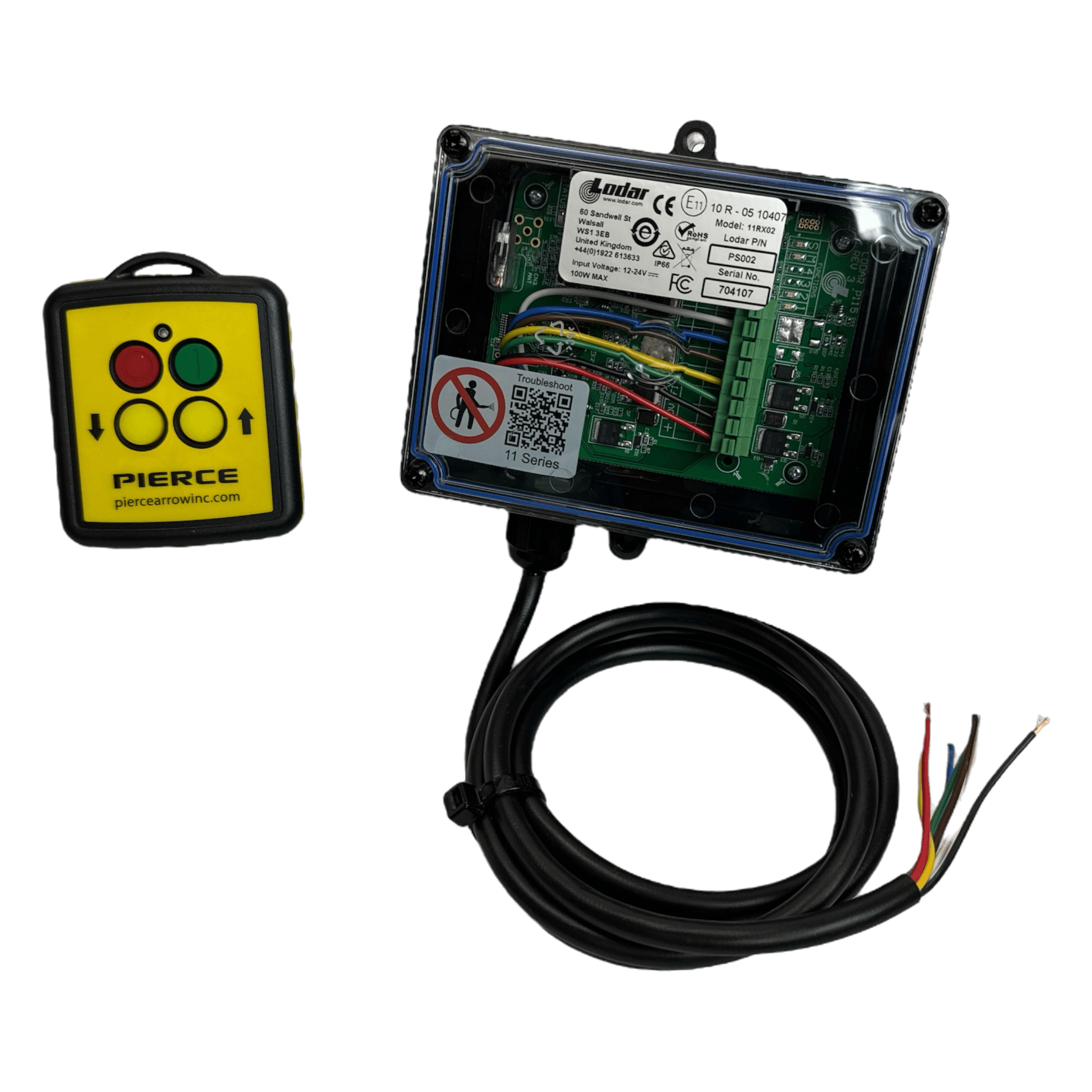 The PIERCE 2 Function Wireless Remote Control System showcases vibrant colored buttons and a sophisticated electronic circuit board set against a sleek black background. Designed for optimal 433 MHz communication, it is perfect for integrating with solenoid-operated equipment.