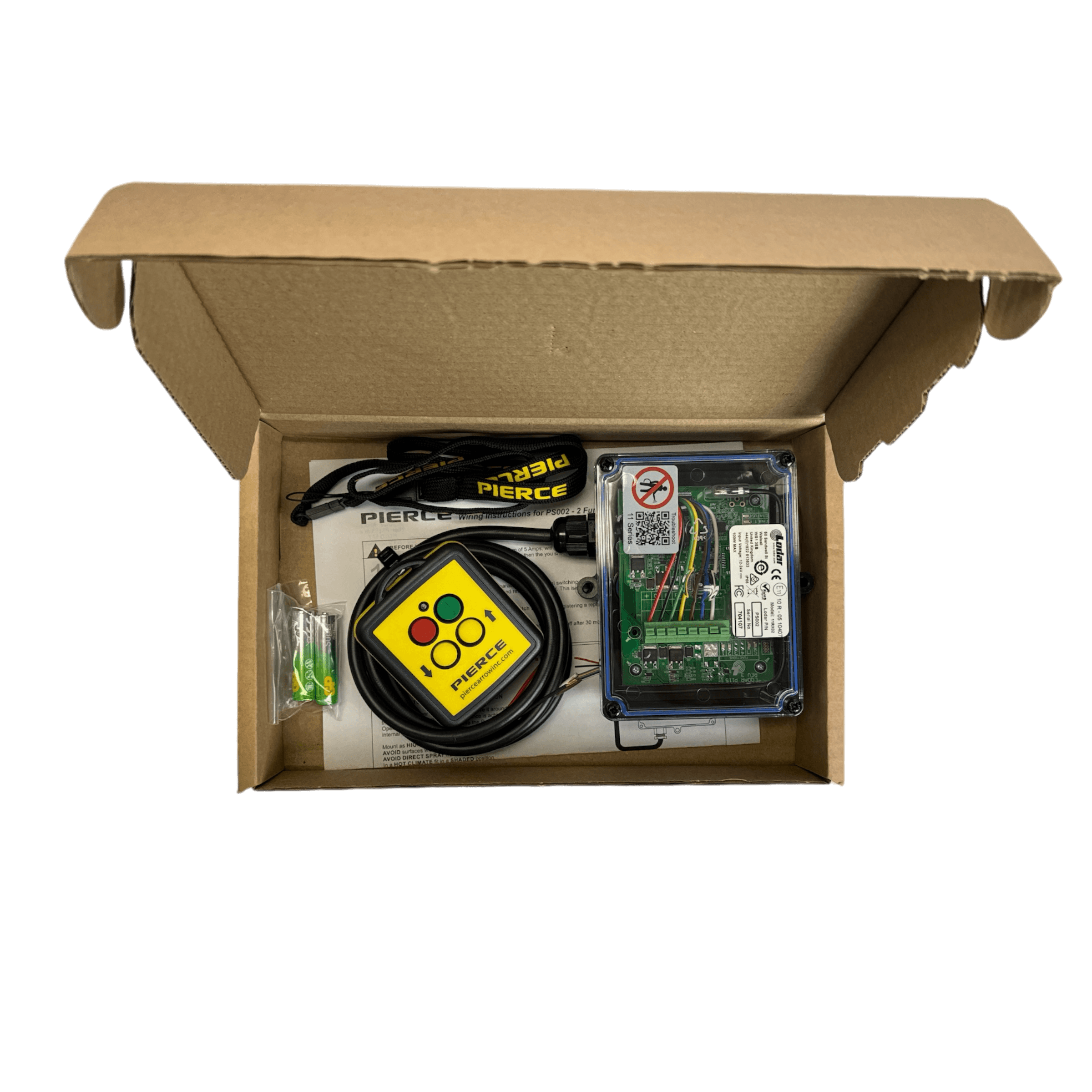 Open cardboard box containing a PIERCE electronic device, cables, and a yellow 2 Function Wireless Remote Control System with buttons.