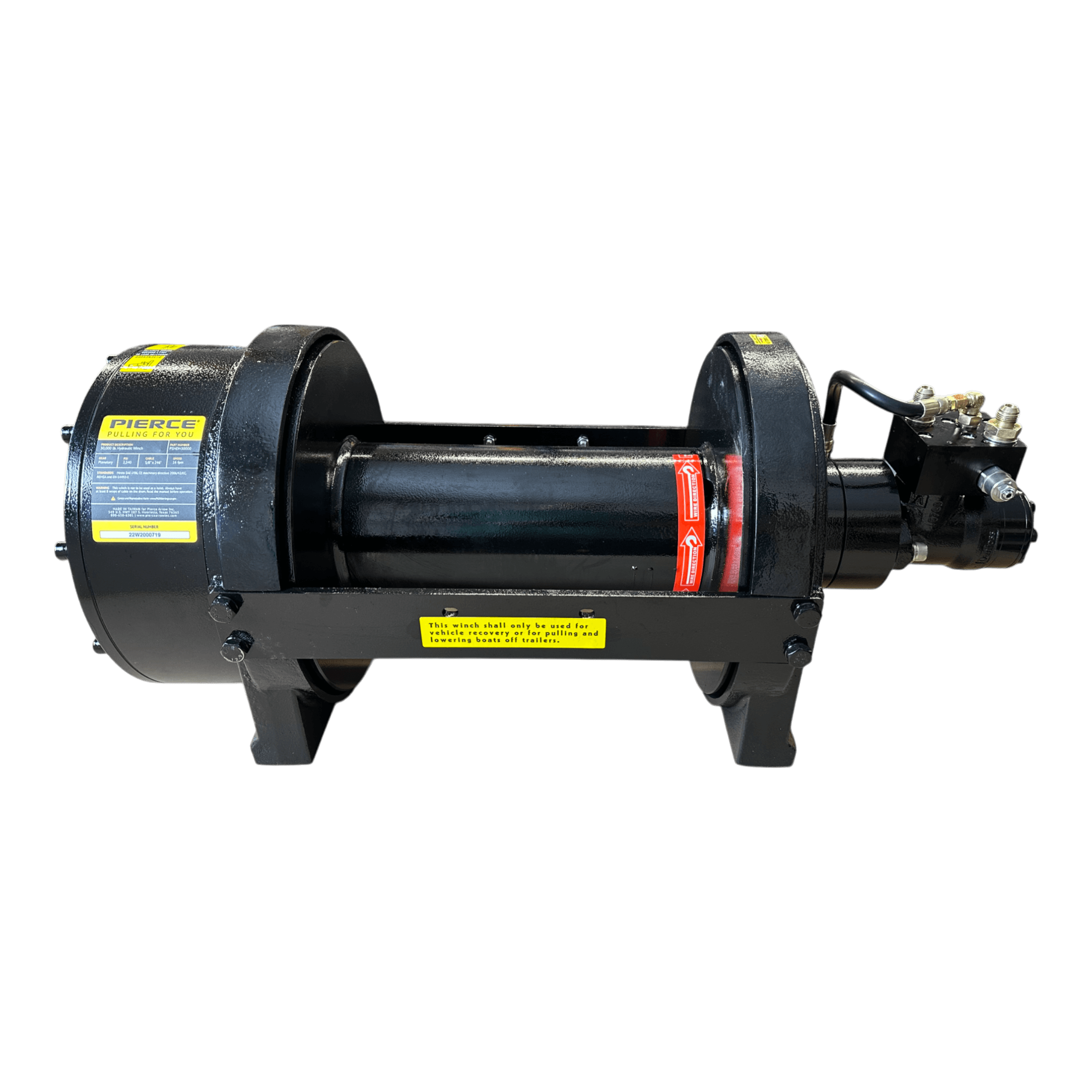 The PIERCE 30,000 lb Hydraulic Recovery Winch with a long drum and manual clutch is showcased against a black background. Featuring visible hydraulic components and a robust planetary gear system, it is expertly designed for heavy-duty tasks.