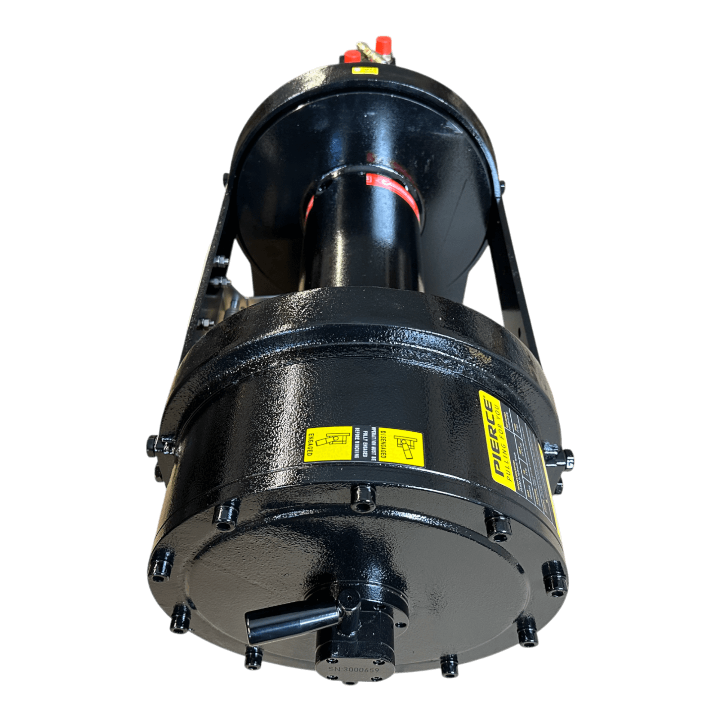 The PIERCE 30,000 lb Hydraulic Recovery Winch, featuring a long drum and manual clutch, is showcased from a low angle. It displays bold yellow labels and sturdy bolts on its powerful black industrial frame.