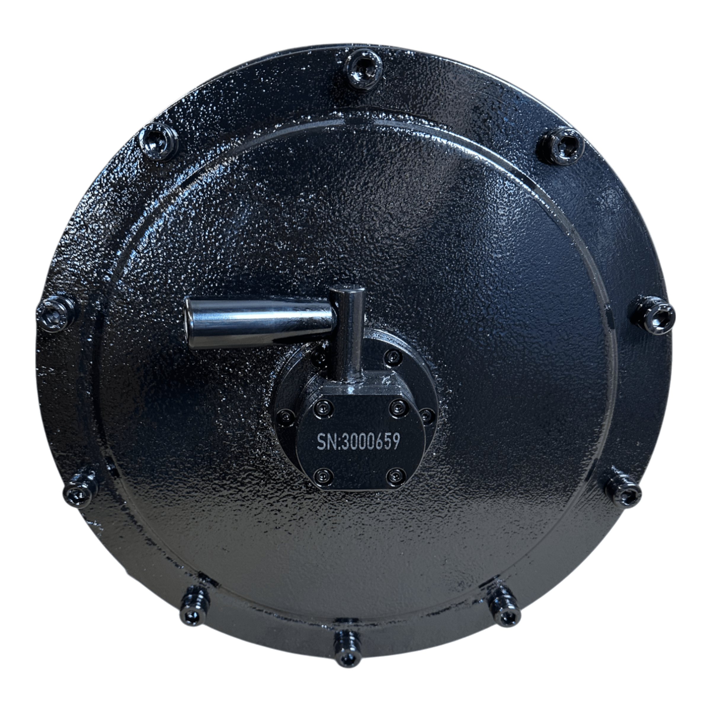 A 30,000 lb Hydraulic Recovery Winch with a long drum and manual clutch by PIERCE, featuring a shiny metal circular hatch with a central handle and an integrated planetary gear system. Serial number SN:300659.