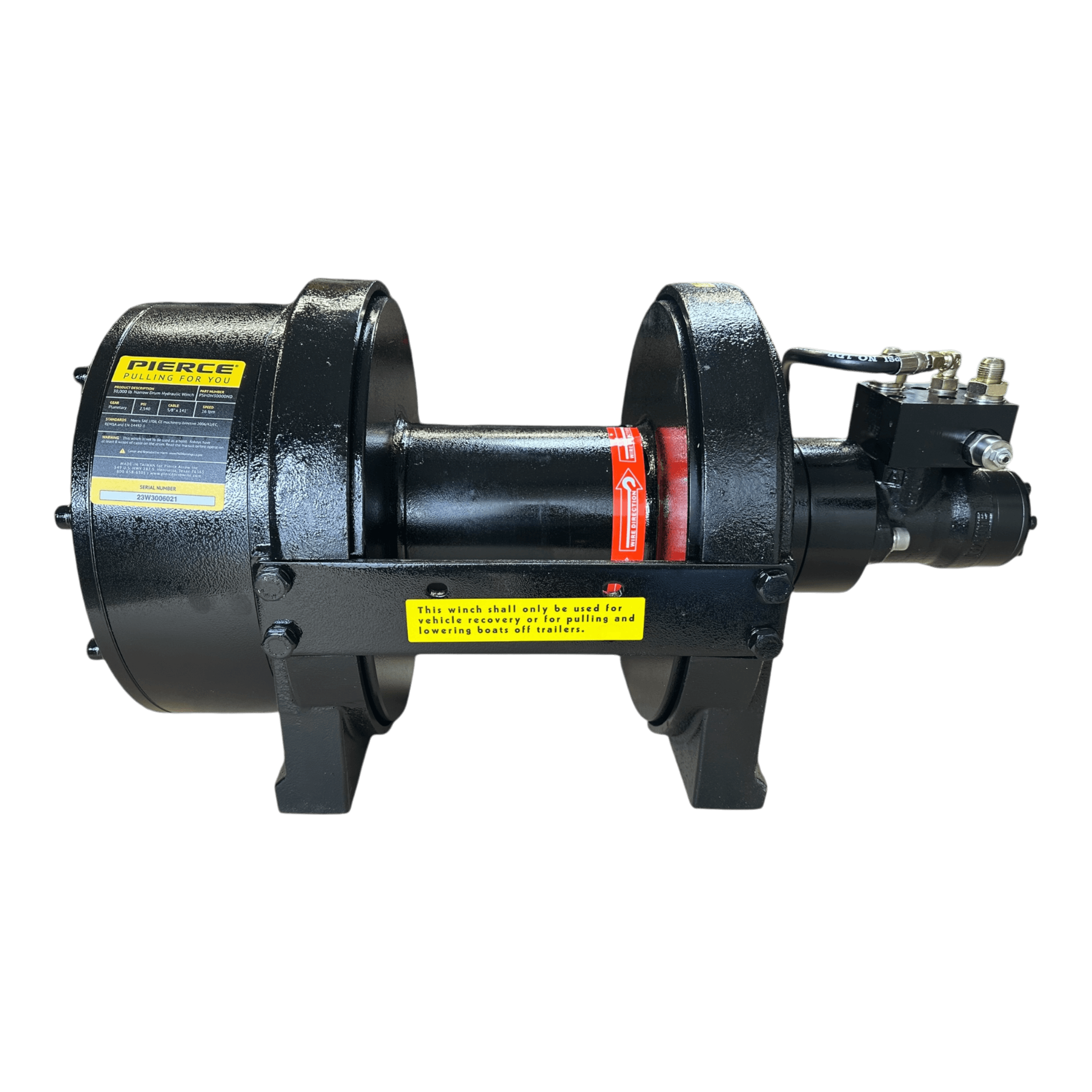 The PIERCE 30,000 lb Hydraulic Recovery Winch with a narrow drum and air clutch features a black casing adorned with yellow labels on a black background.