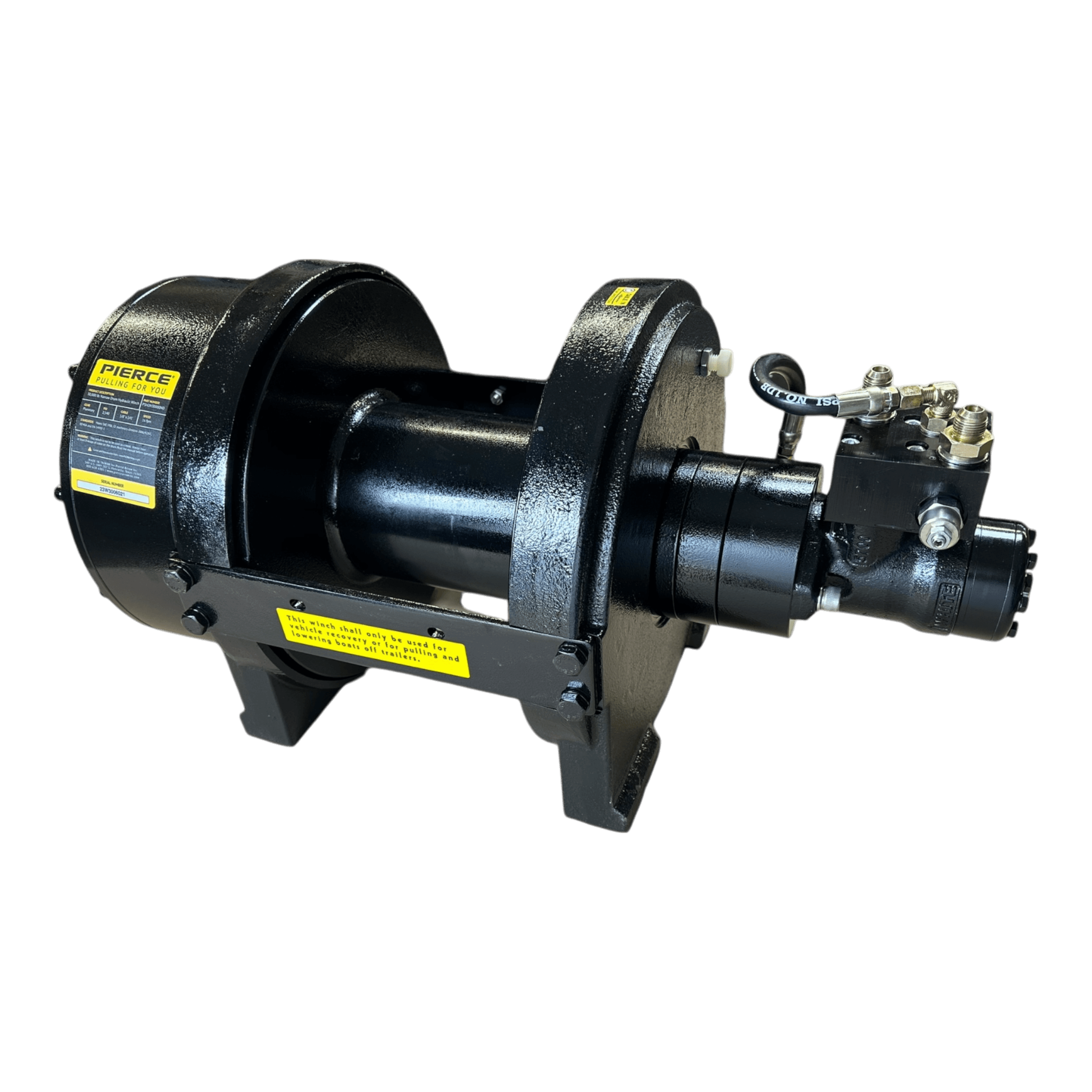 PIERCE 30,000 lb Hydraulic Recovery Winch featuring a narrow drum and air clutch, set against a dark background.