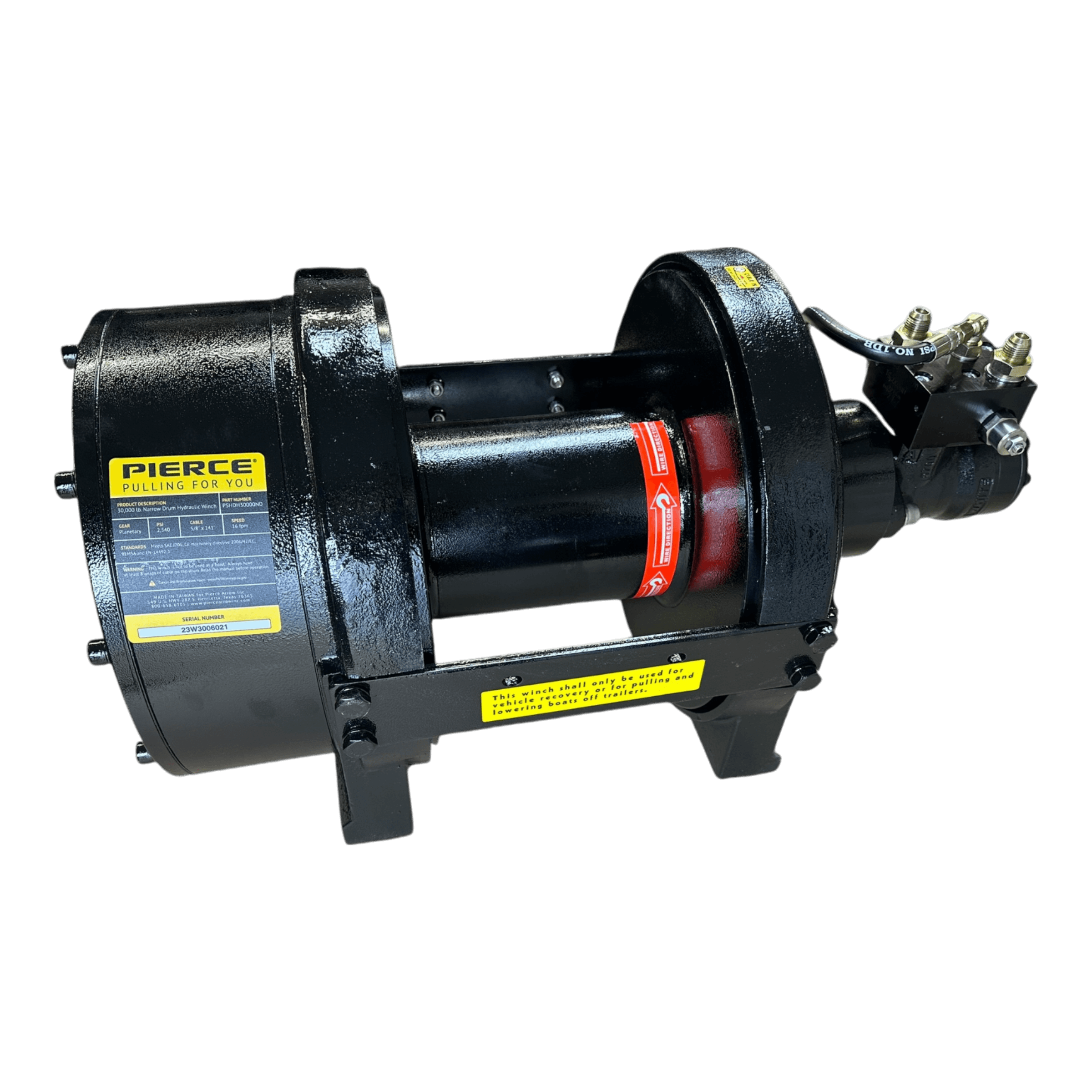 PIERCE 30,000 lb Hydraulic Recovery Winch with a Narrow Drum and Air Clutch on a black background, showcasing labels and connectors.