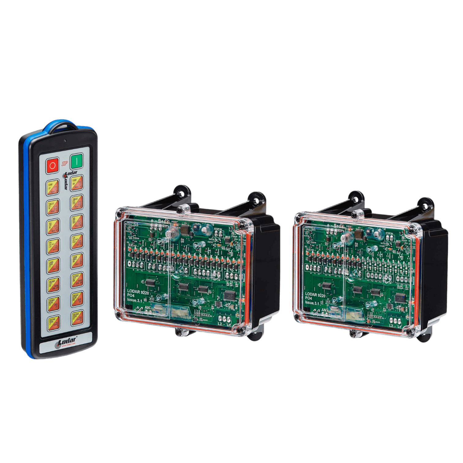 A 16-button controller known for its exceptional firmware efficiency sits alongside two transparent electronic devices on a black background, exemplifying the precision and innovation of the Lodar LTD's 30 Function IP SHIFT Wireless Control System from the 92 Series with FET Receiver.