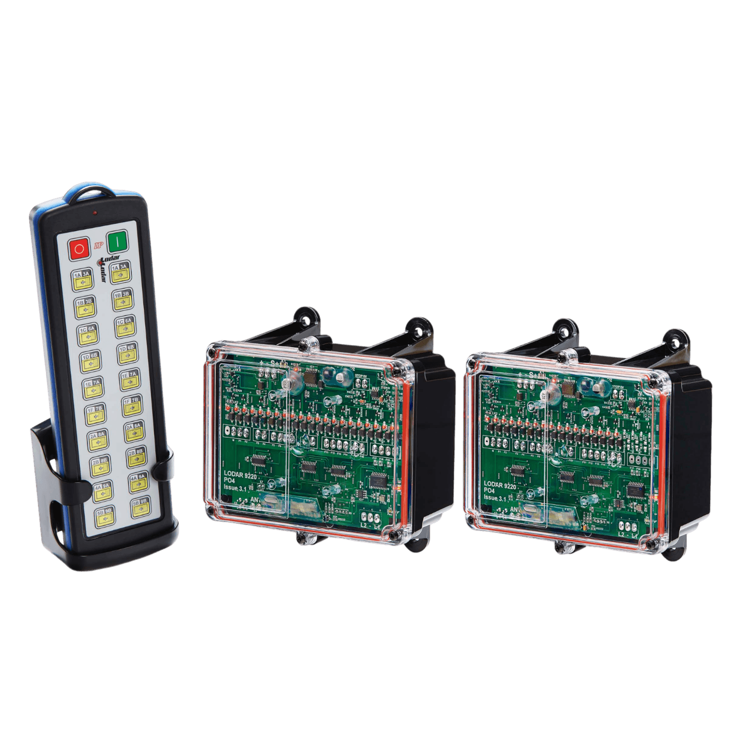 The Lodar LTD 36 Function IP SHIFT Wireless Control System with the 92 Series FET Receiver features a cutting-edge firmware technology, highlighted by a sleek and functional design of a 20-button controller, complete with a Lodar SHIFT System keypad and two transparent circuit boards set against a black background.