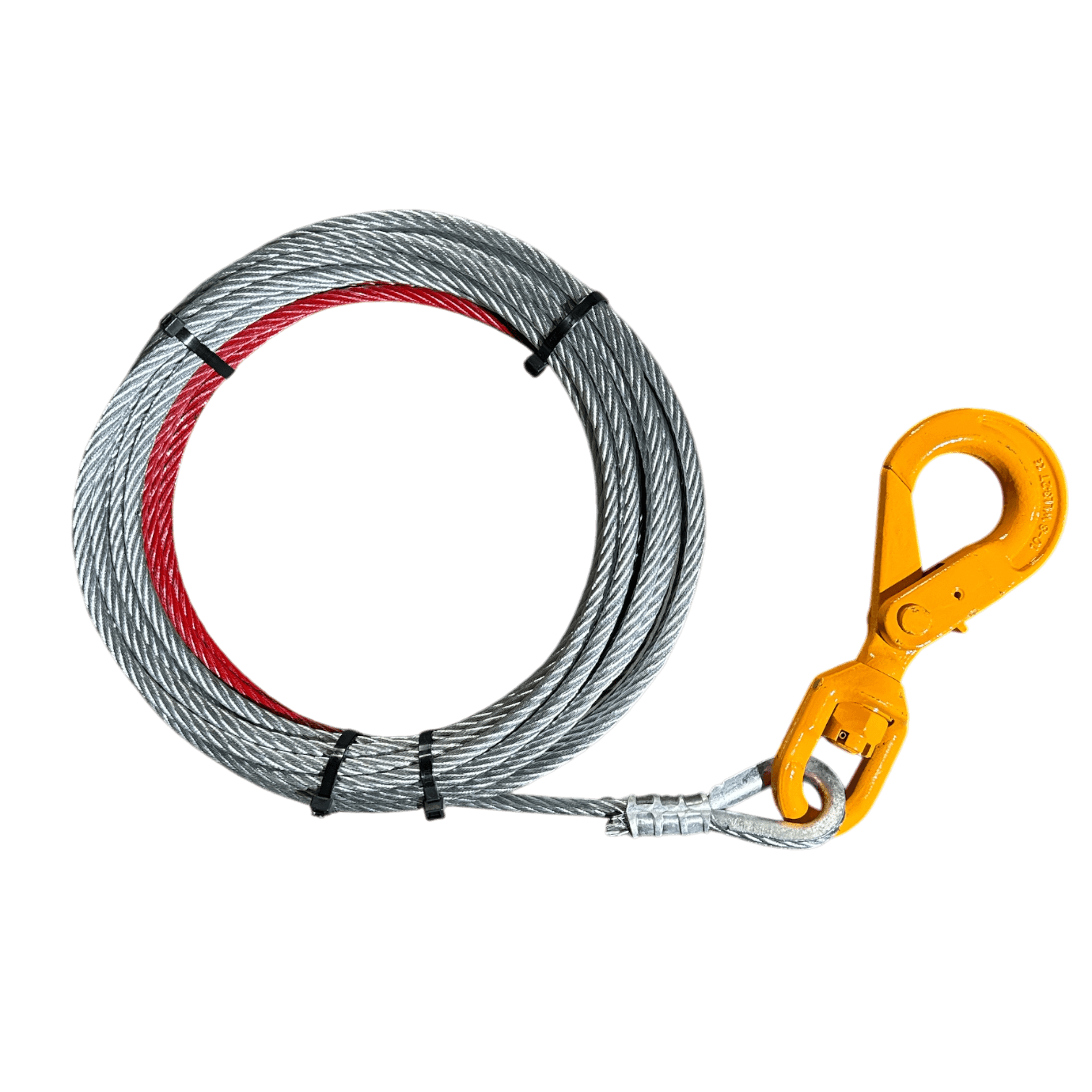 The PIERCE 3/8" Winch Cable includes a coiled steel cable with a yellow safety hook on one end and features a heavy-duty thimble for enhanced durability.