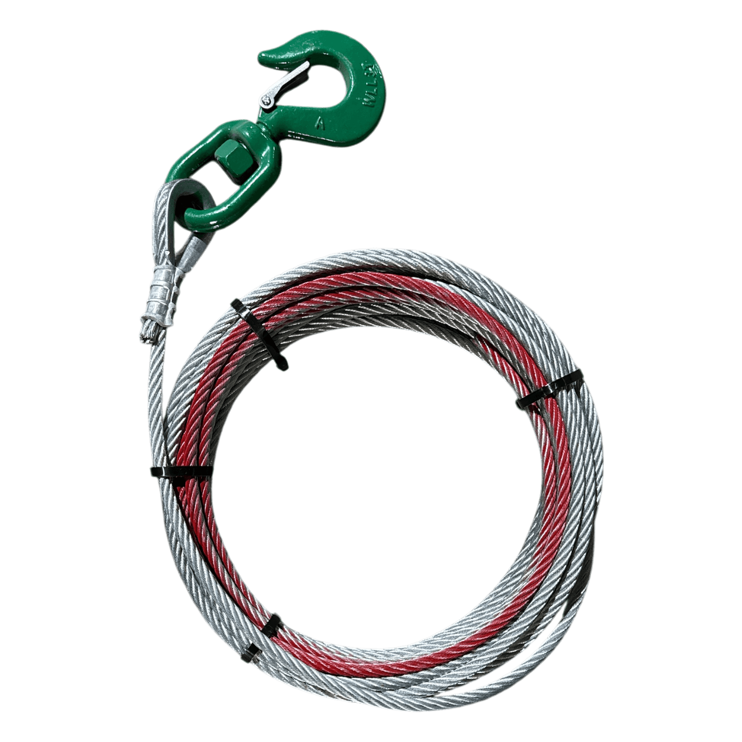 The PIERCE 3/8" Winch Cable, equipped with a green hook on one end and held together by black ties, offers impressive breaking strength.