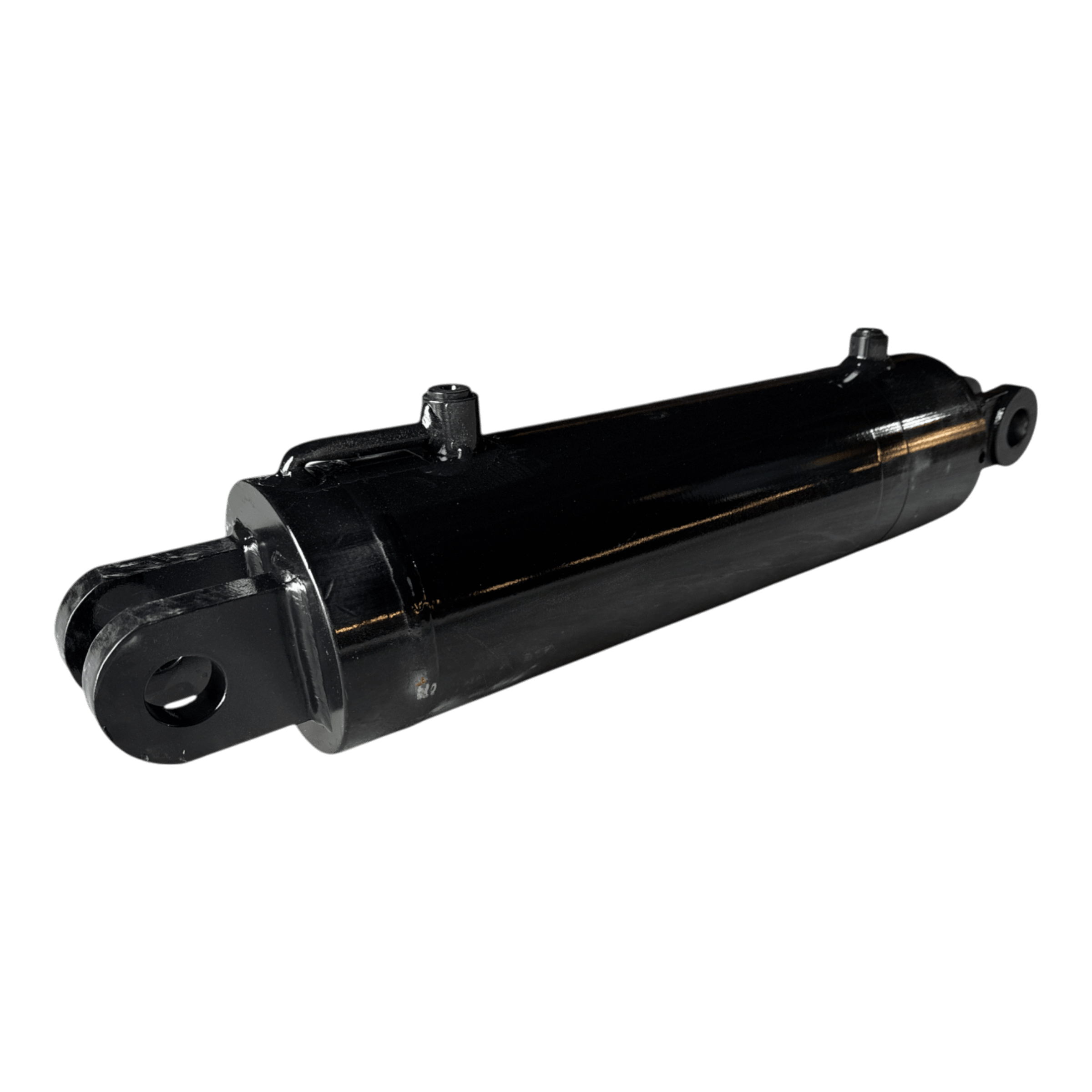 A PIERCE black welded hydraulic cylinder, 5-inch bore diameter and 14-inch stroke, featuring mounting holes on each end against a black background.