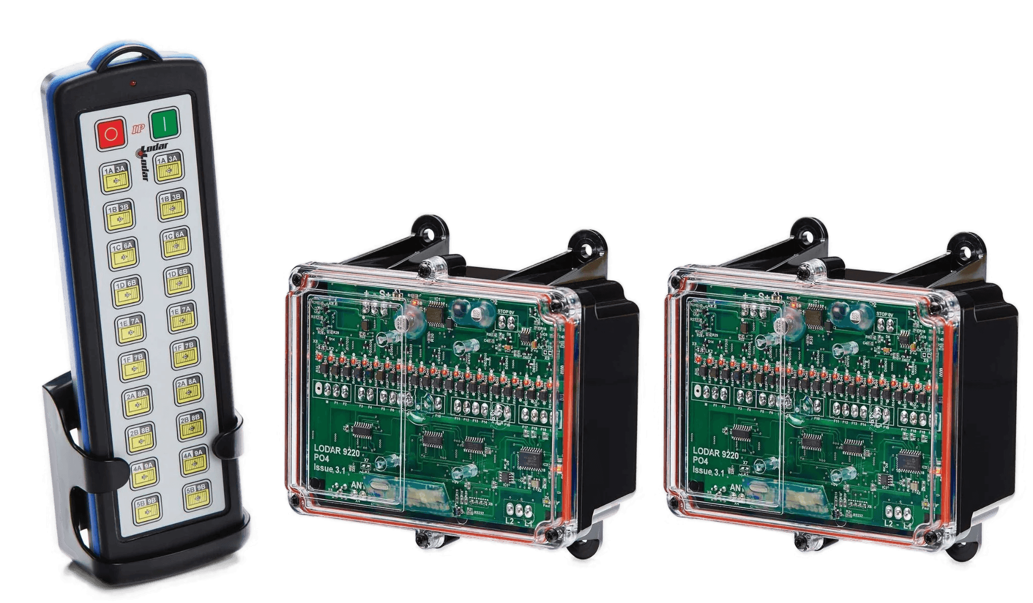 A remote control device with two electronic circuit boards, visible wiring, and components highlights the intricate design of a 40 Function controller within the Lodar LTD IP SHIFT Wireless Control System (92 Series) FET Receiver.