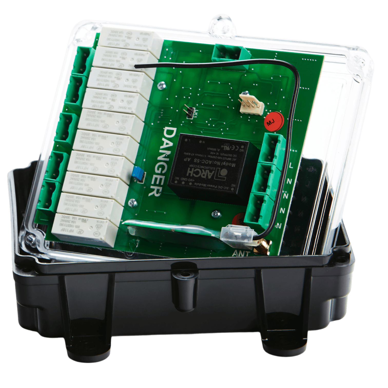 The Lodar LTD 4 Function 110V Replacement Relay Receiver, part of the 96 Series, features a transparent enclosure that encases a green circuit board with various components, all securely mounted within a black base. It is ideal for integration into 96 Series Systems as a replacement receiver for setups operating at 110V.