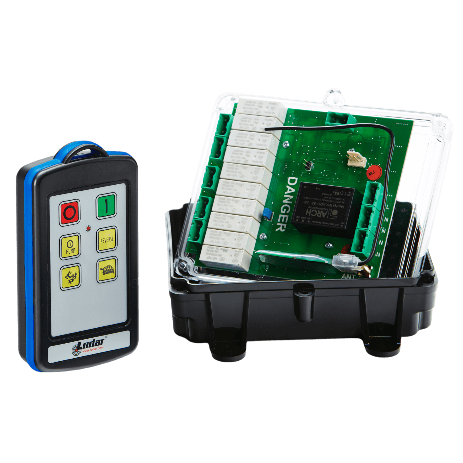 A Lodar LTD 4 Function IP 110V Wireless Control System, part of the 96 Series with a 110V Relay Receiver, showcasing an openly housed electronic circuit board with accessible wires and buttons.