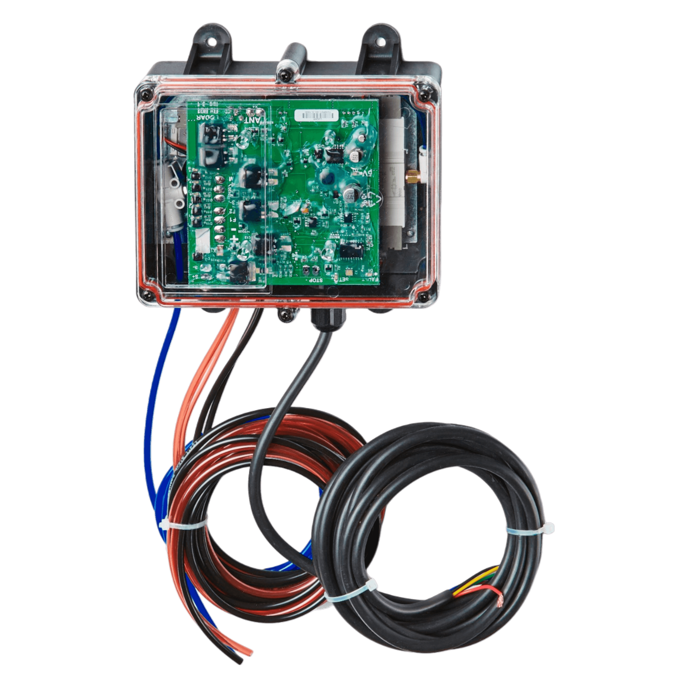 On a white background sits the 92 Series Lodar LTD 4 Function Lodar Replacement FET Air Receiver. This sleek electronic circuit board features a transparent casing and multiple wires attached, making it ideal for seamless integration into complex systems.