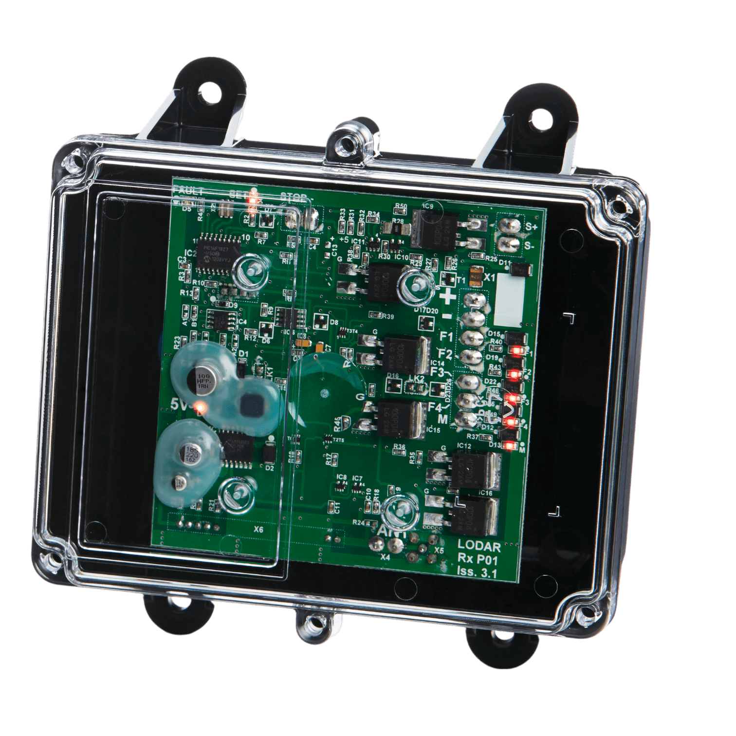 The 4 Function Lodar Replacement FET Receiver from the 92 Series by Lodar LTD features a transparent casing that reveals a green circuit board with numerous electronic components and red lights, highlighting its advanced receiver technology. Ideal for modern replacement systems, it seamlessly blends performance with sleek design.