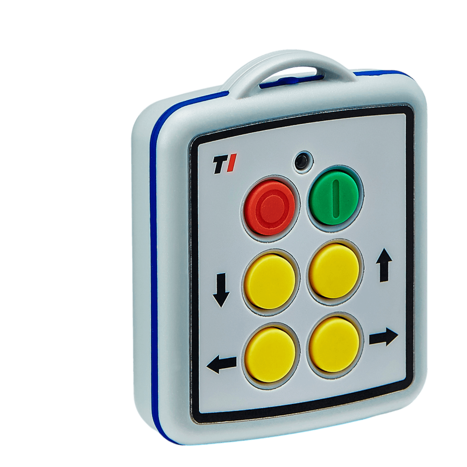 The 4 Function Lodar Replacement Mini Transmitter from Lodar LTD is a handheld remote control designed with colored buttons, including one red, one green, and four yellow featuring arrow symbols. It is compatible with the 11 Series and is ideal for use with 4-Function Lodar systems.