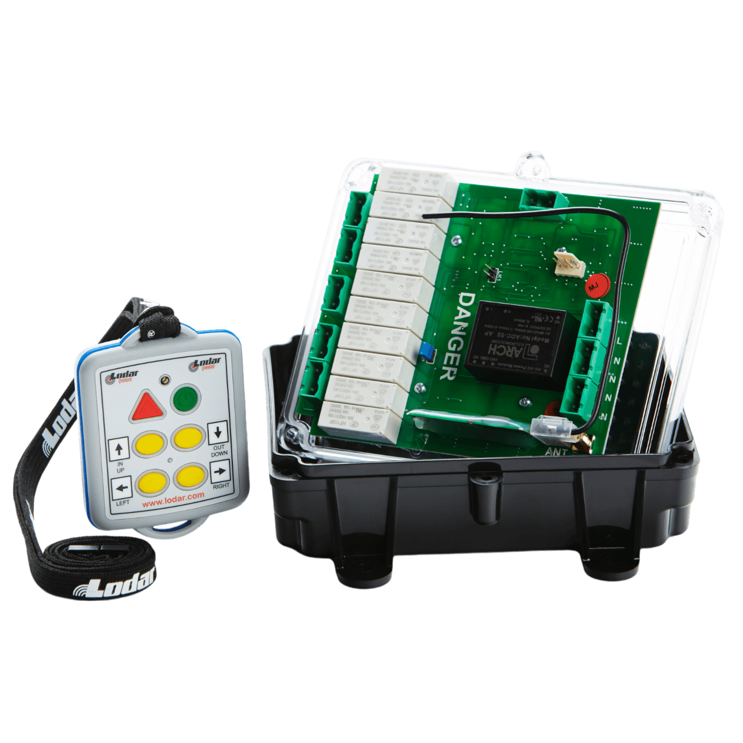 Beside a partially open electronic circuit box sits the Lodar LTD 4 Function Mini 110V Wireless Control System with an IP67-rated transmitter, complete with buttons and a wrist strap, showcasing its efficiency in wireless control.