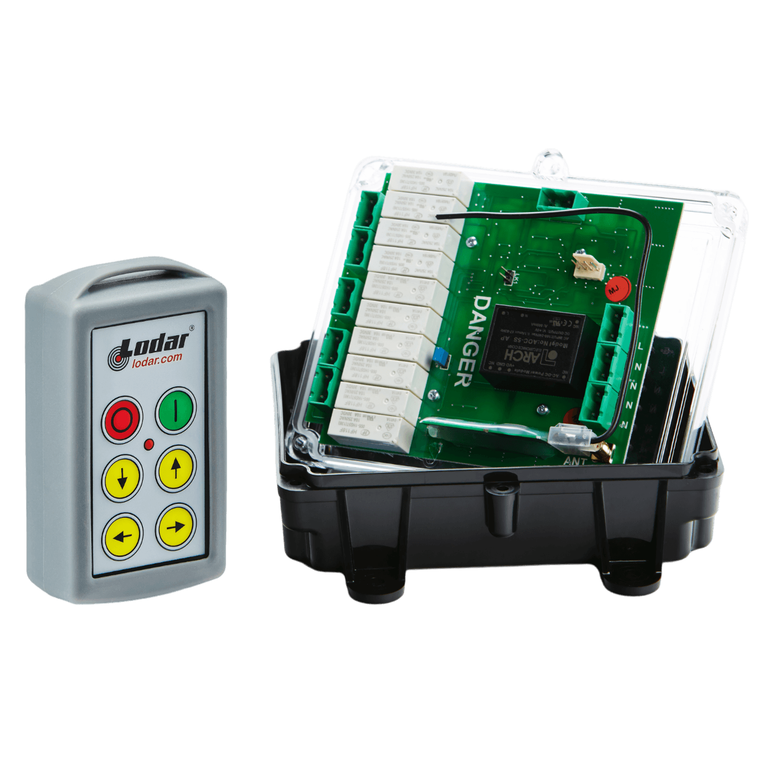 The 4 Function Standard 110V Wireless Control System from Lodar LTD, featuring a remote and an open circuit box with visible wiring and circuit board components, is perfect for managing 110V machinery.