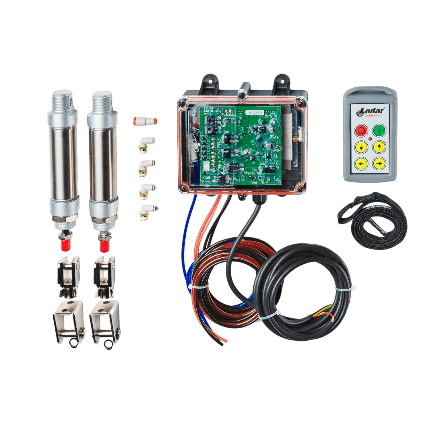 The Lodar LTD 4 Function Standard Wireless Actuator Control System | 92 Series | FET Air Receiver includes components like a circuit board, cables, metal cylinders, connectors, and a wireless air actuator to improve safety in remote control systems.