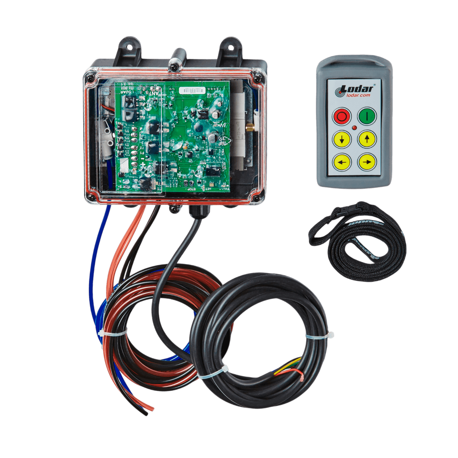 The Lodar LTD 4 Function Standard Wireless Actuator Control System from the 92 Series features a circuit board enclosed in a transparent box, along with remote control and cables, set against a sleek black backdrop. Its innovative design is emphasized by the inclusion of the Lodar-specific FET Air Receiver, ensuring flawless wireless component operation.