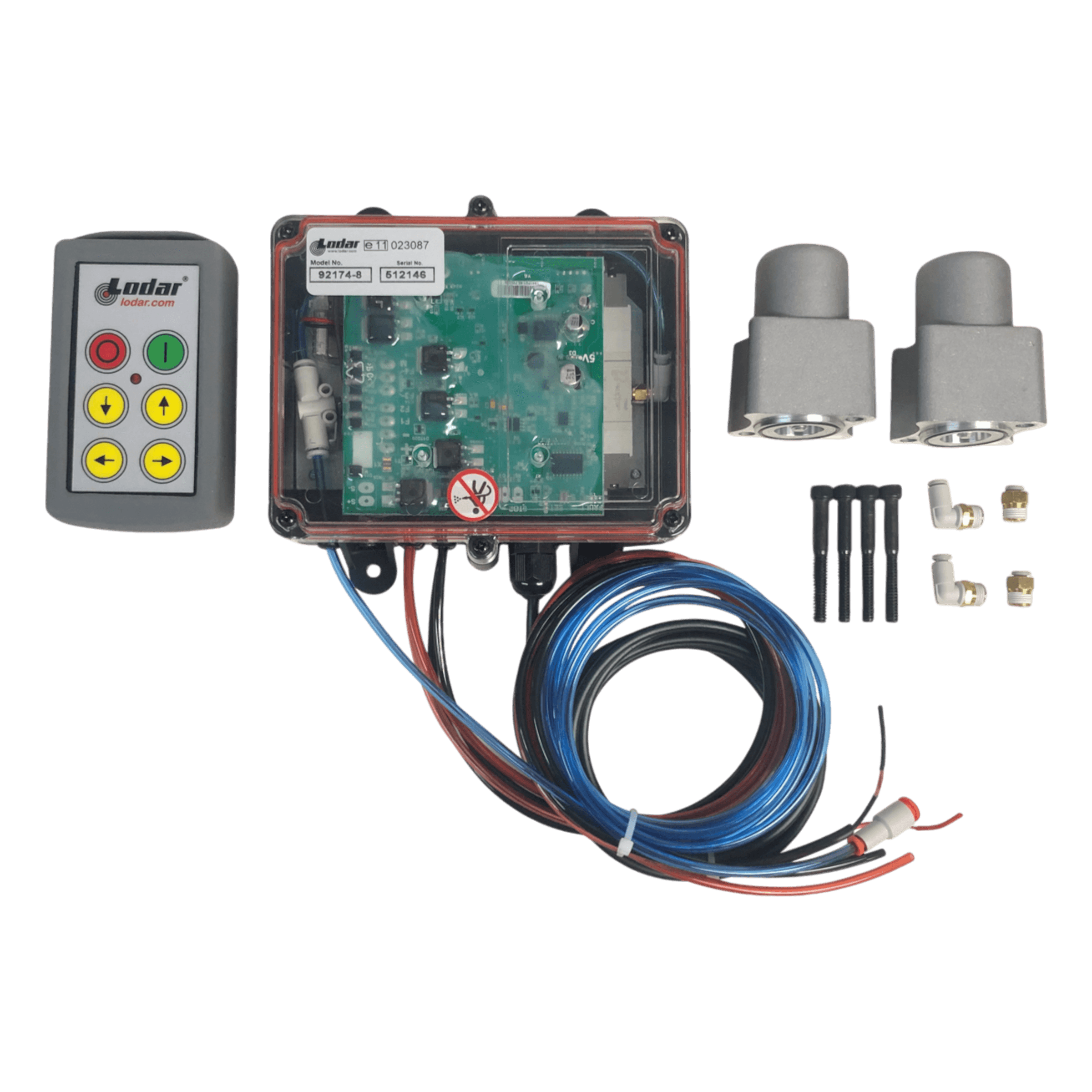 The PIERCE 4 Function Direct Mount Wireless Air System for Miller (Gresen Valves) includes a remote, receiver box, connectors, wires, and mounting hardware—perfect for custom wrecker wireless air or bolt-on actuator control.