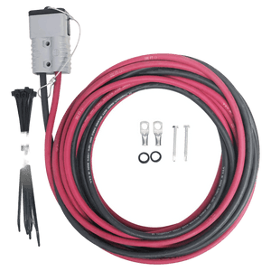Red and black cables, PIERCEs 4 Gauge Wiring Harness, connectors, zip ties, screws, washers, and terminal lugs laid out on a white background.