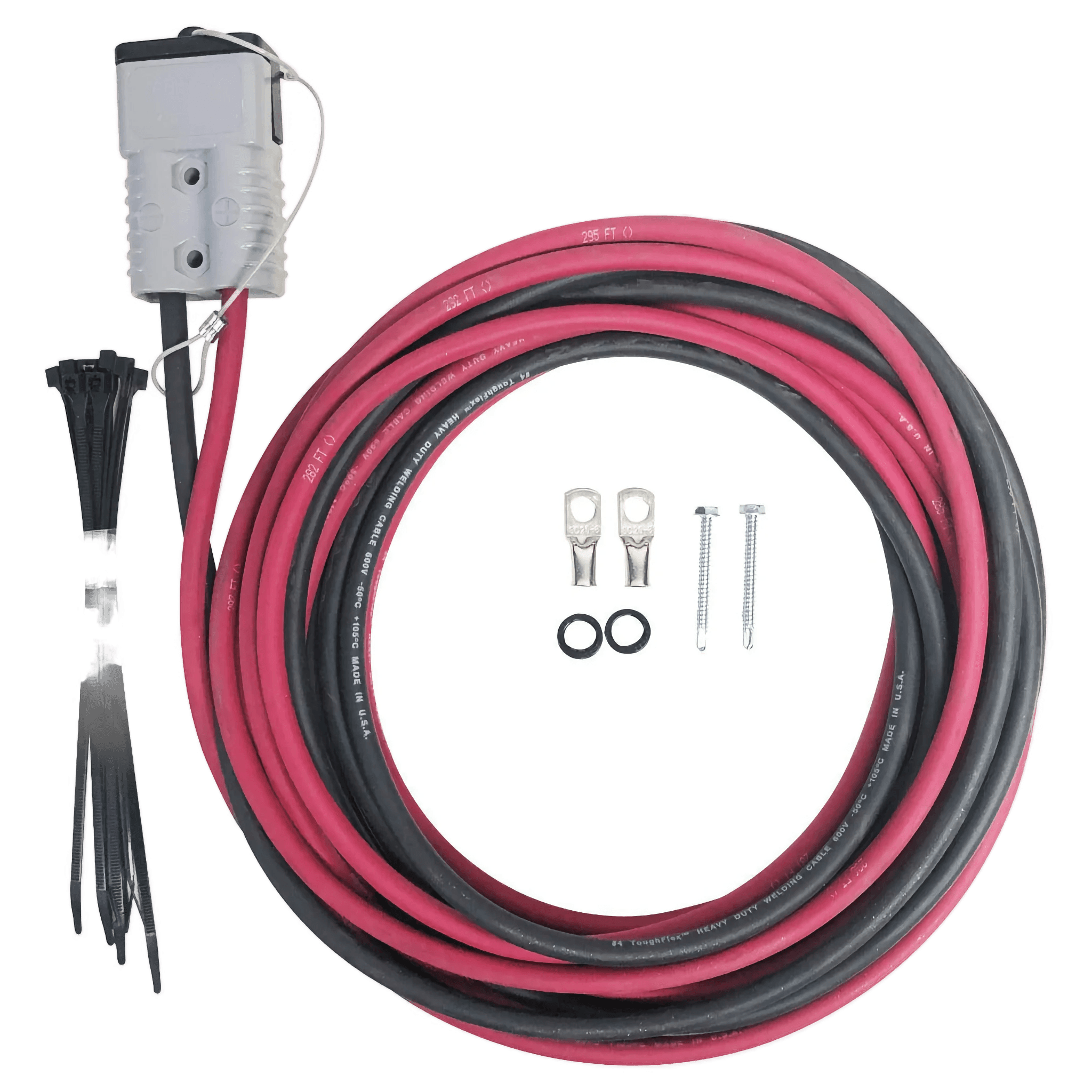 Red and black cables, PIERCEs 4 Gauge Wiring Harness, connectors, zip ties, screws, washers, and terminal lugs laid out on a white background.