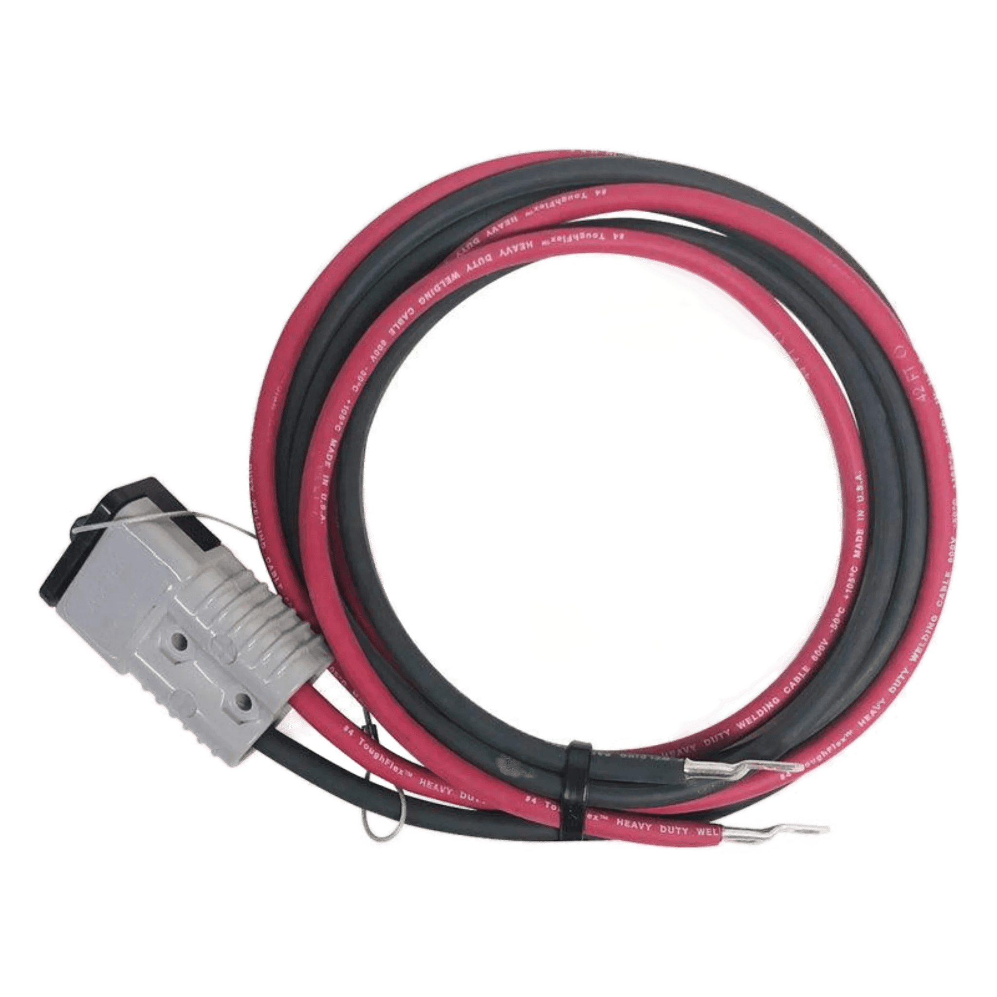 PIERCEs 4 Gauge Wiring Harness features coiled red and black heavy-duty cables with a grey connector plug on one end and a quick disconnect attachment.