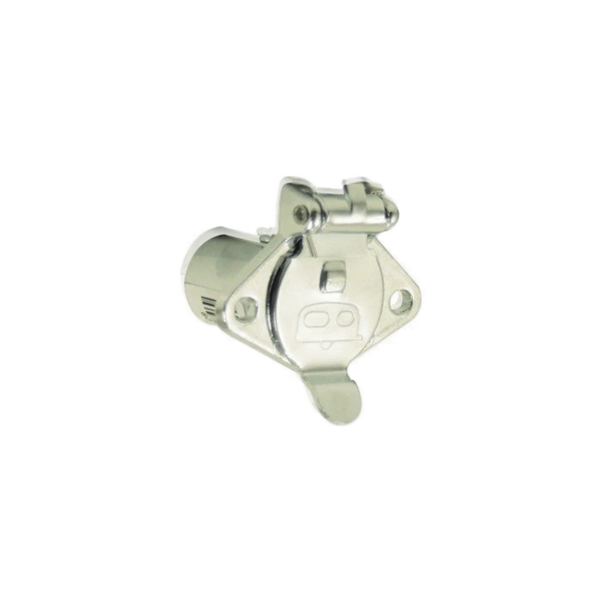 PIERCEs 4 Prong Female Winch Plug is a metal trailer socket with a hinged cover featuring a trailer symbol. Its ideal for replacing female plugs in the PS654 winch series.