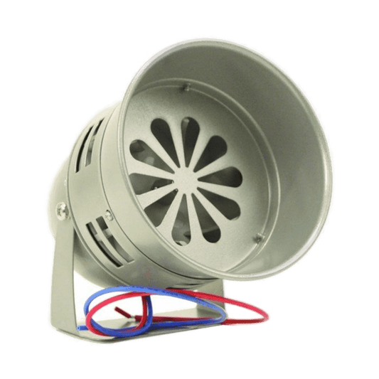 The PIERCE Standard Duty Cattle Siren features a silver 12-volt battery design with a metal bracket and red and blue wires, ideal for use as a pasture alarm or cattle siren.