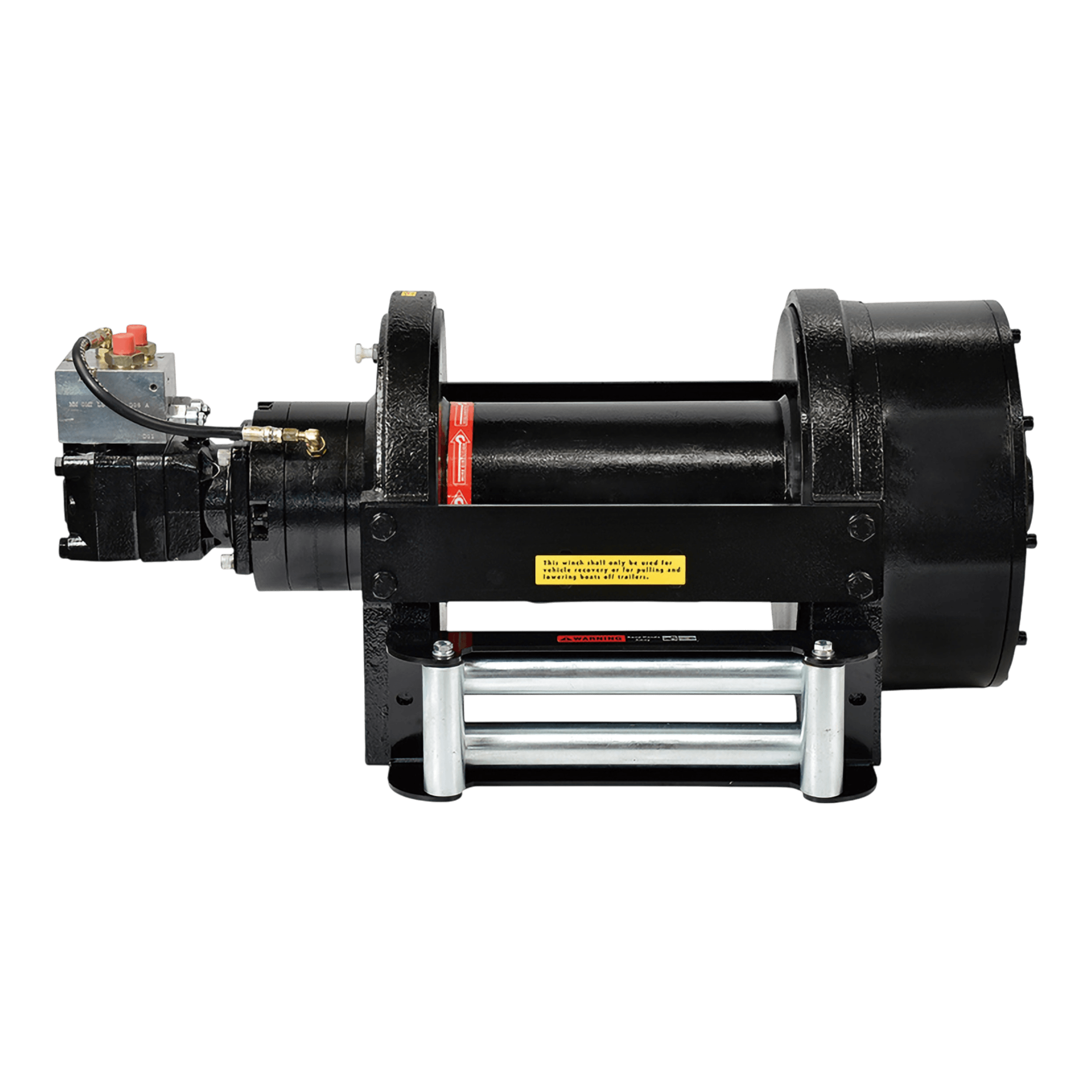 The PIERCE 50,000 lb Hydraulic Recovery Winch with a long drum and air clutch, featuring an industrial black design with cylinders and metal components against a black background, is perfect for handling tough tasks.