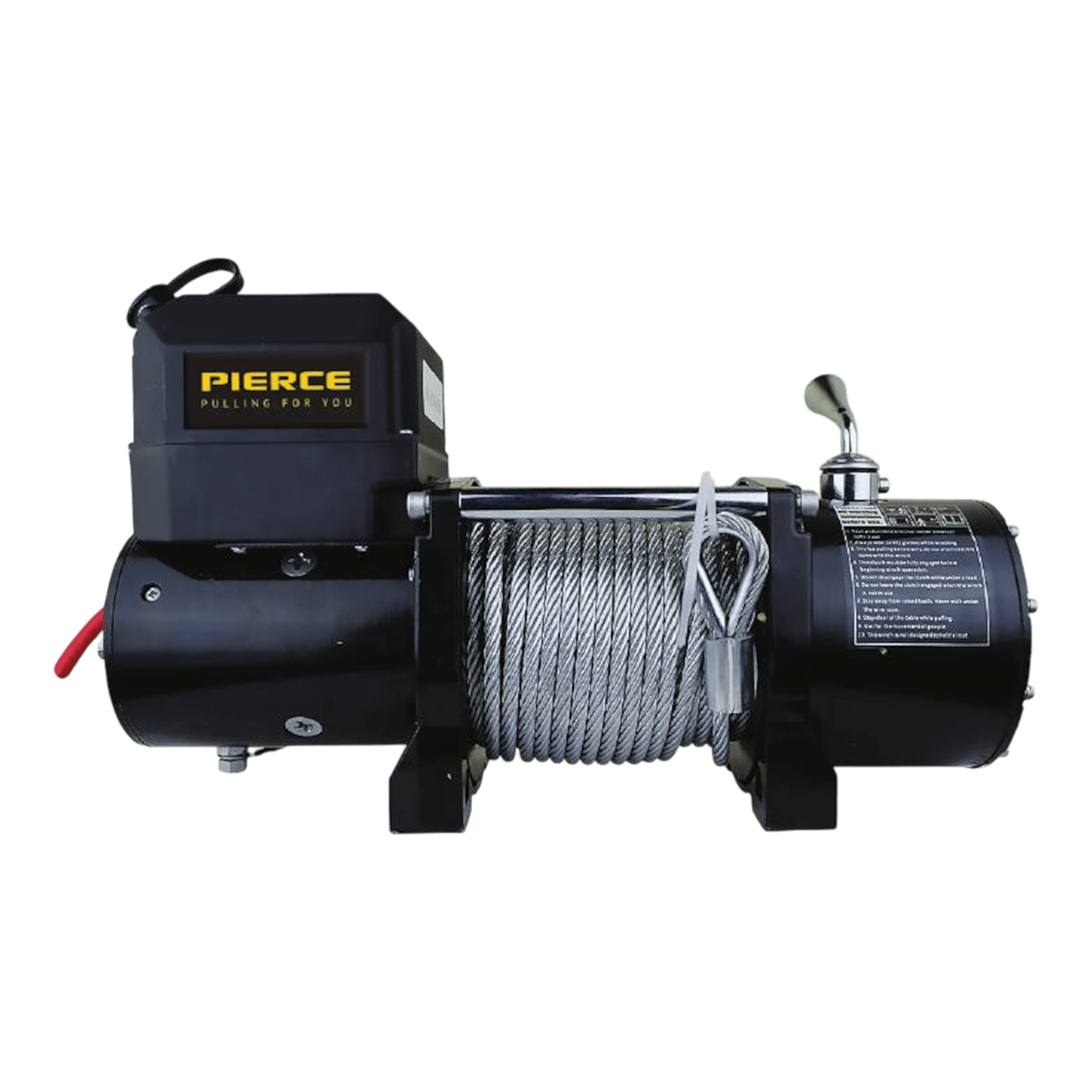 A compact, powerful winch with a coiled steel cable and lever, featuring the PIERCE brand name and labeled as the 6,000 lb Recovery Winch on the casing.