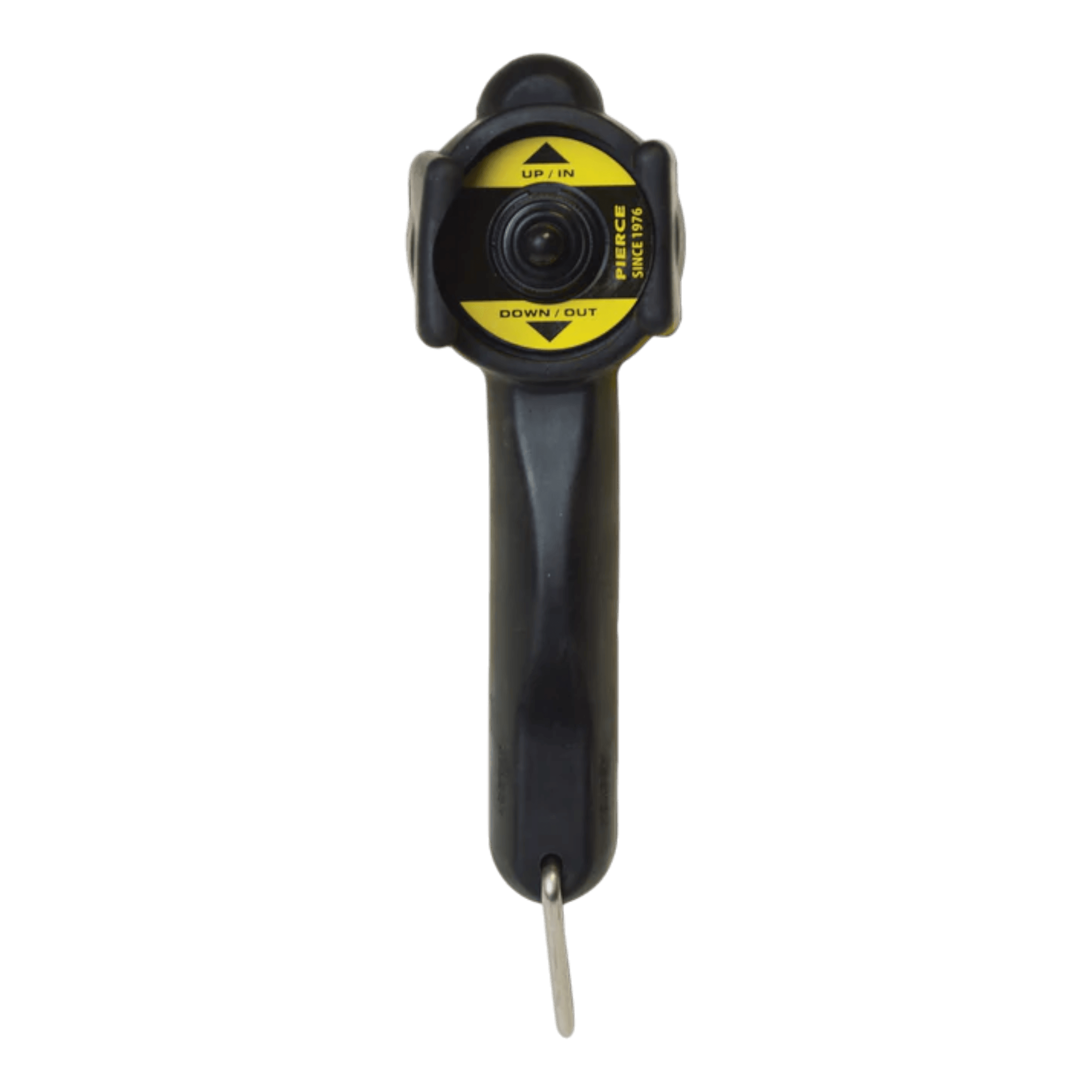 Close-up of a handheld inspection camera featuring a yellow and black lens area, attached to a sturdy black handle, echoing the durable design of the PIERCE 6,000 lb Recovery Winch.
