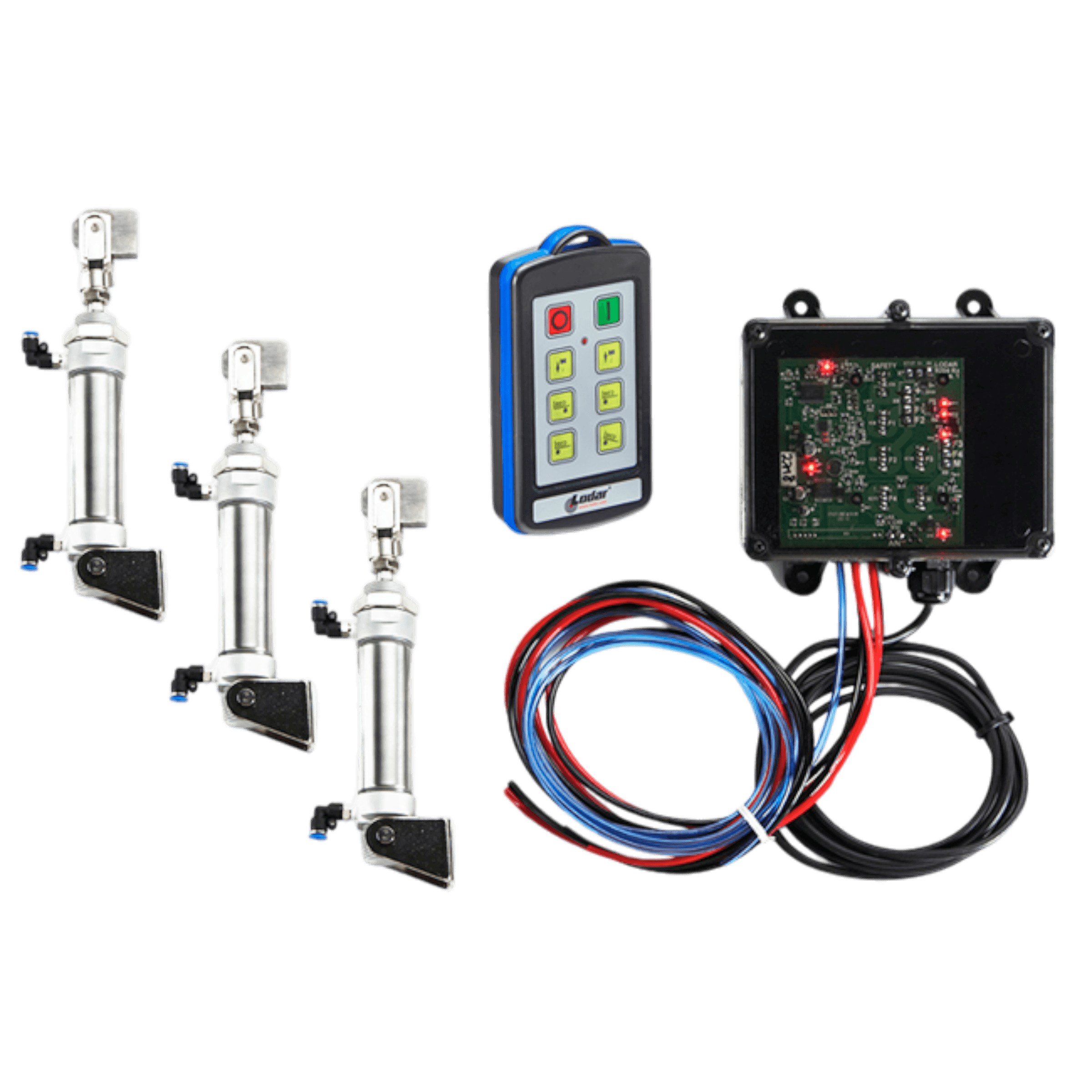 Displayed against a crisp white background is the 6 Function IP Wireless Actuator Control System, part of the 92 Series by Lodar LTD, featuring sophisticated components such as three actuators, a wireless air actuator from the FET Air Receiver range, and a circuit board with connected wires.