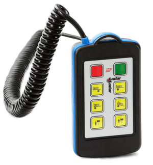 The 6 Function Lodar Hard-Wired Remote from Lodar LTD, part of the 9000 Series, is expertly crafted with a waterproof Bulgin connector for enhanced durability. It features an LCD screen and buttons in red, green, and yellow, ensuring reliable control even in challenging conditions.
