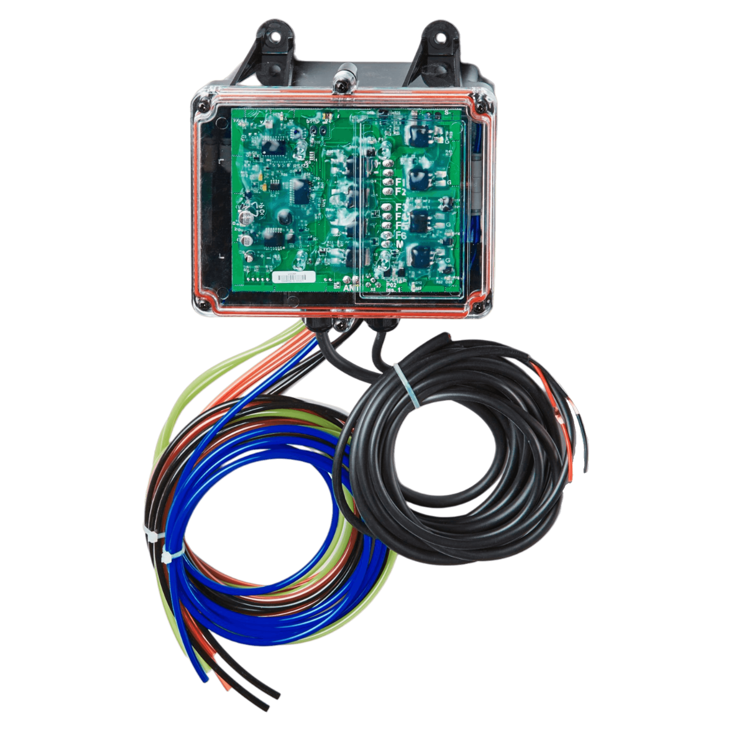 The 6 Function Lodar Replacement FET Air Receiver from Lodar LTD, which includes vibrant wires and a transparent electronic control box, is ideal for integration with Lodar Replacement FET systems or upgrading actuator systems. It is showcased against a clean white background.