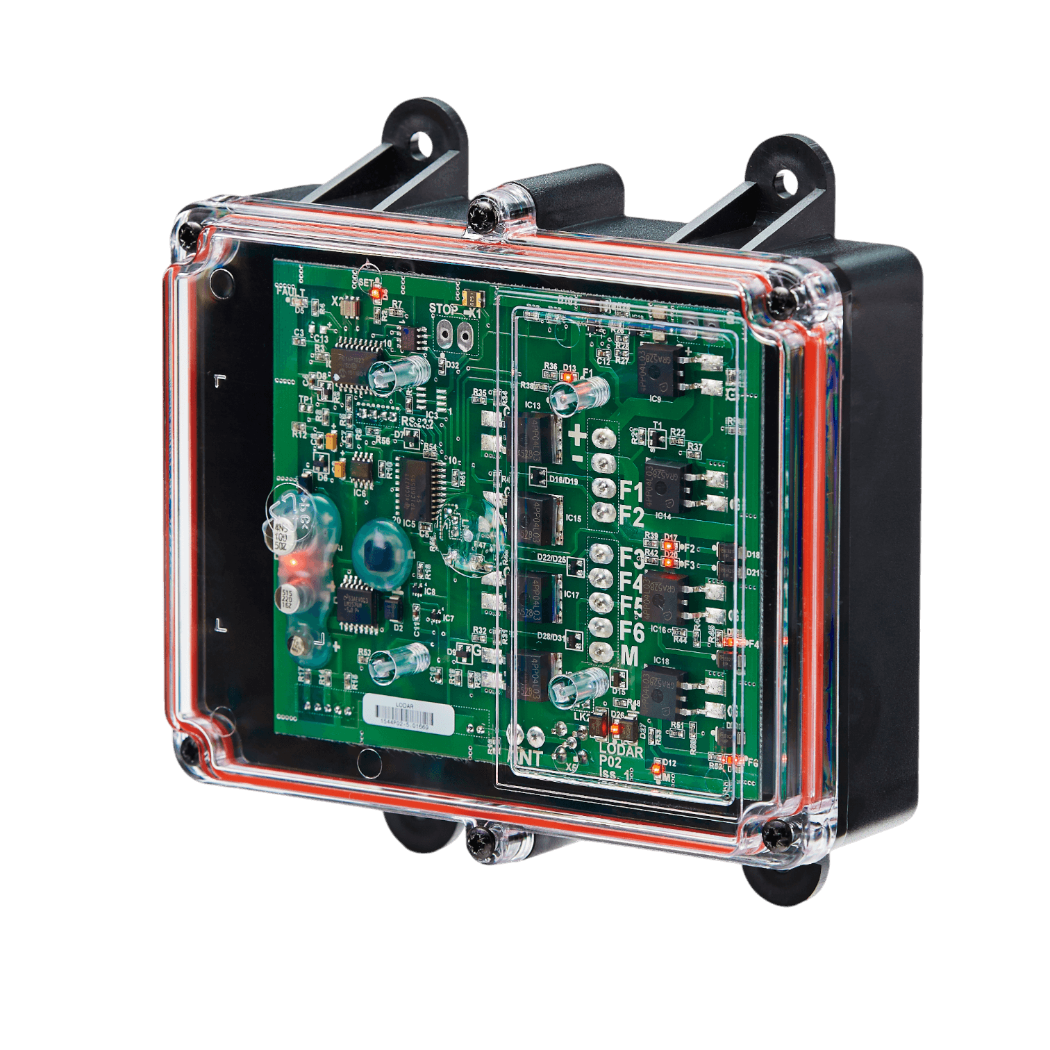 The Lodar LTD 6 Function Lodar Replacement FET Receiver from the 92 Series is housed in a transparent electronic circuit enclosure revealing a green circuit board and components, capable of managing up to 10 amps, all set against a black background.