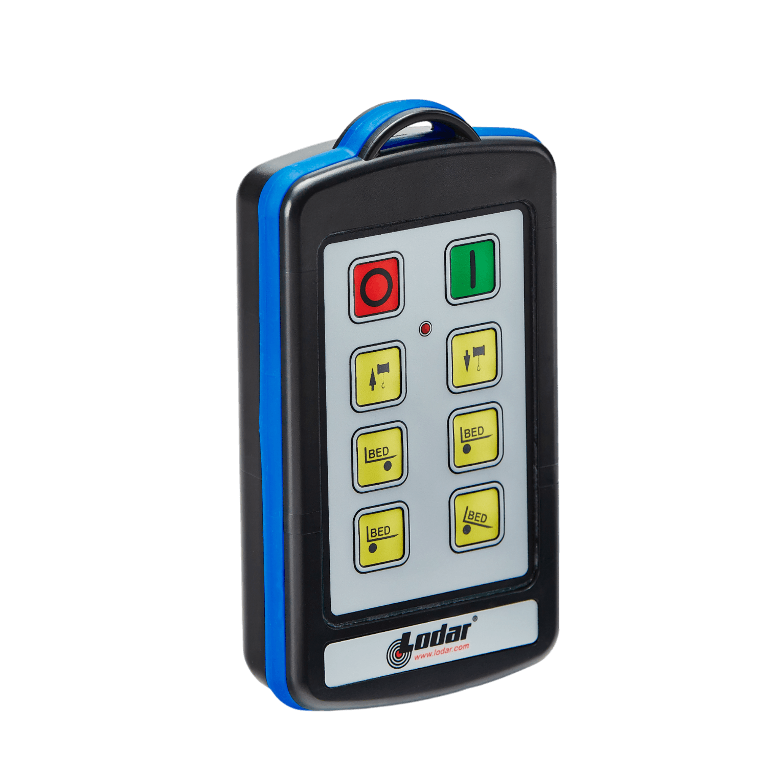 A remote control with multiple buttons, including red and green, prominently displays the Lodar LTD logo at the bottom. This 6 Function Lodar Replacement IP Transmitter from the 9000 Series serves as a dependable backup for essential tasks.